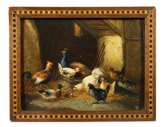 Pair of Small European Oil on Panel Paintings of Chickens