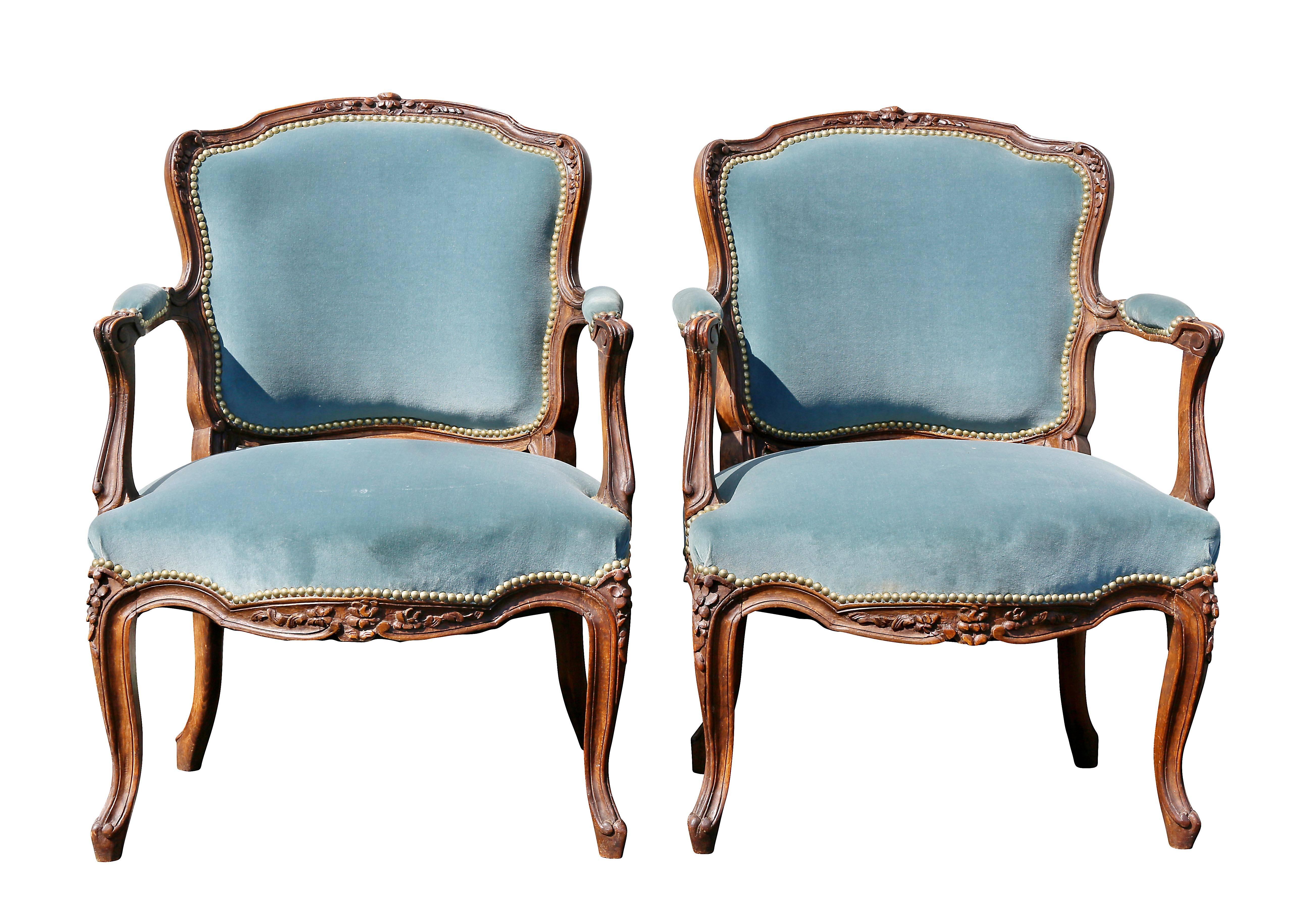 French Pair of Louis XV Style Walnut Fauteuil
