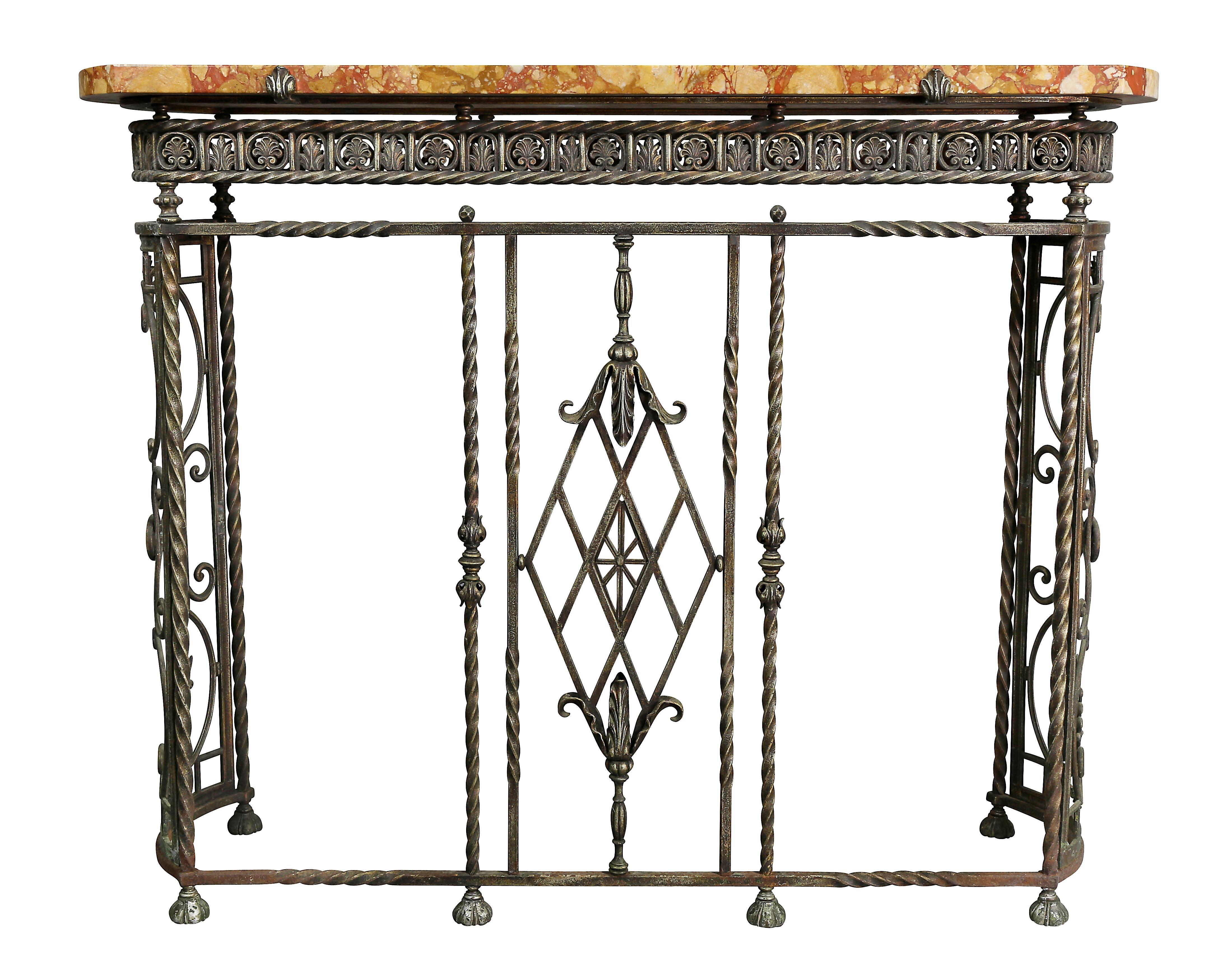 With beautiful marble top w rounded ends, decorated frieze and overall.