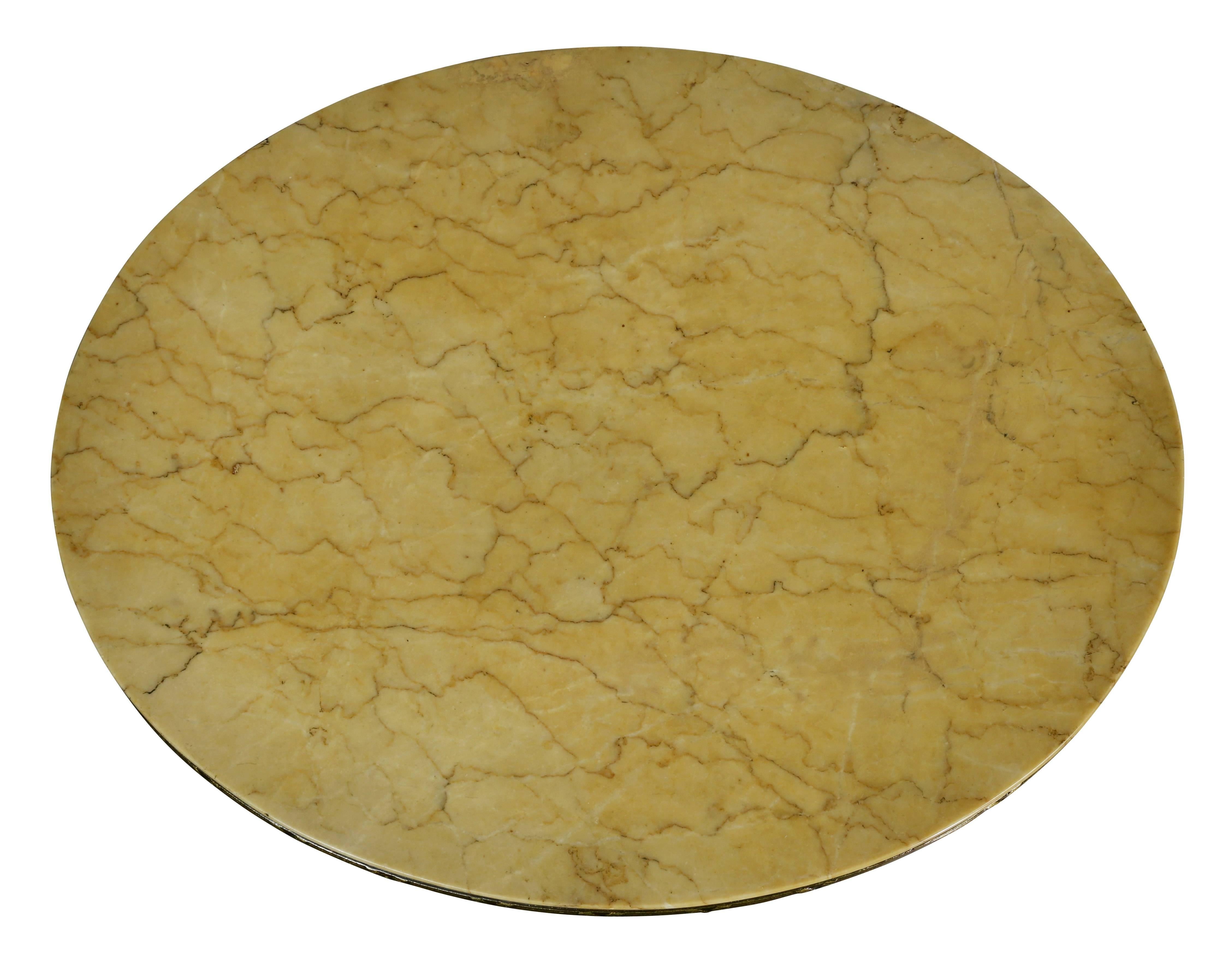 Oval faux grained alabaster top over a frieze with face medallions alternating with anthemion, raised on square legs with lower stretcher, curved legs.