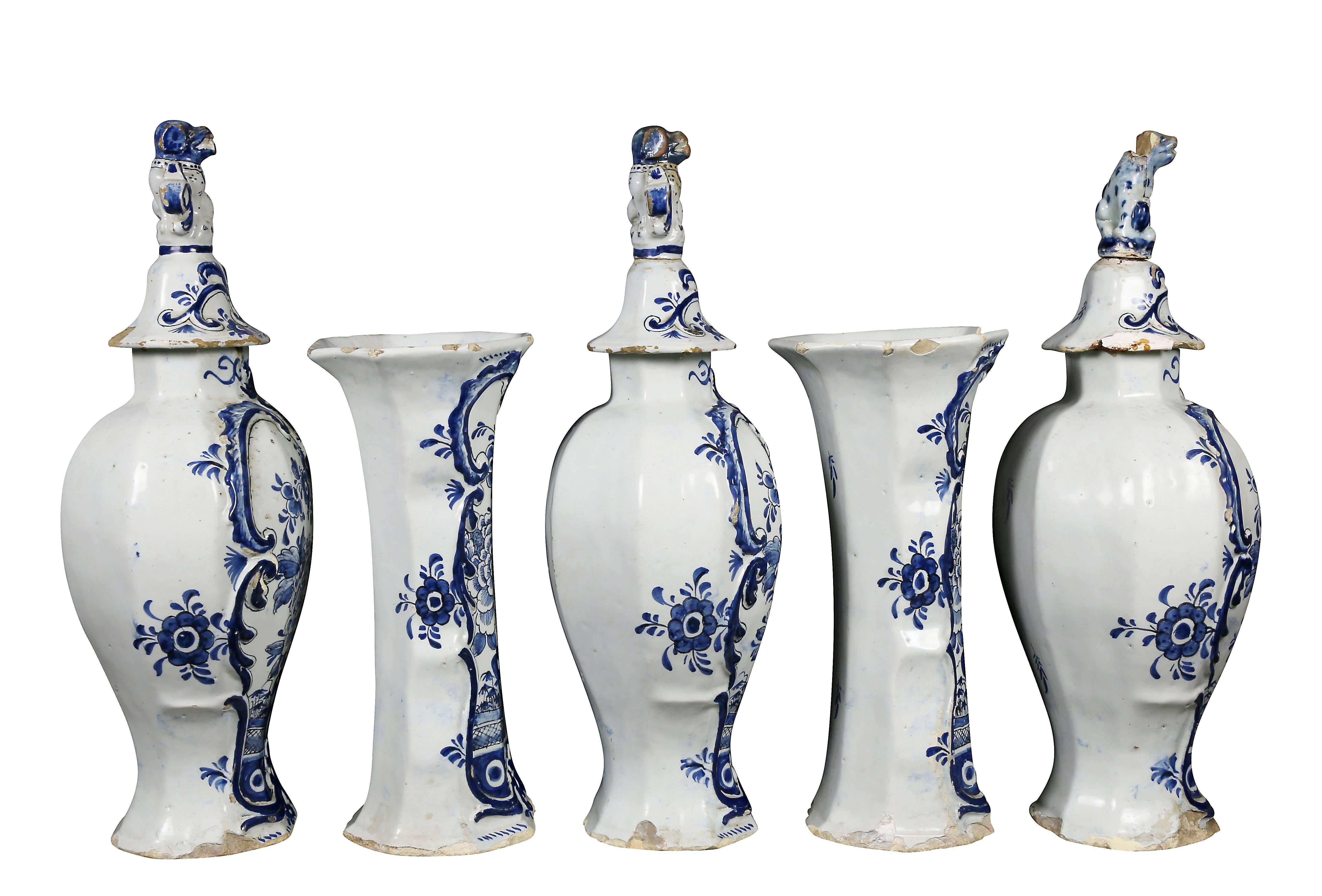 Rococo Delft Five-Piece Blue and White Pottery Garniture