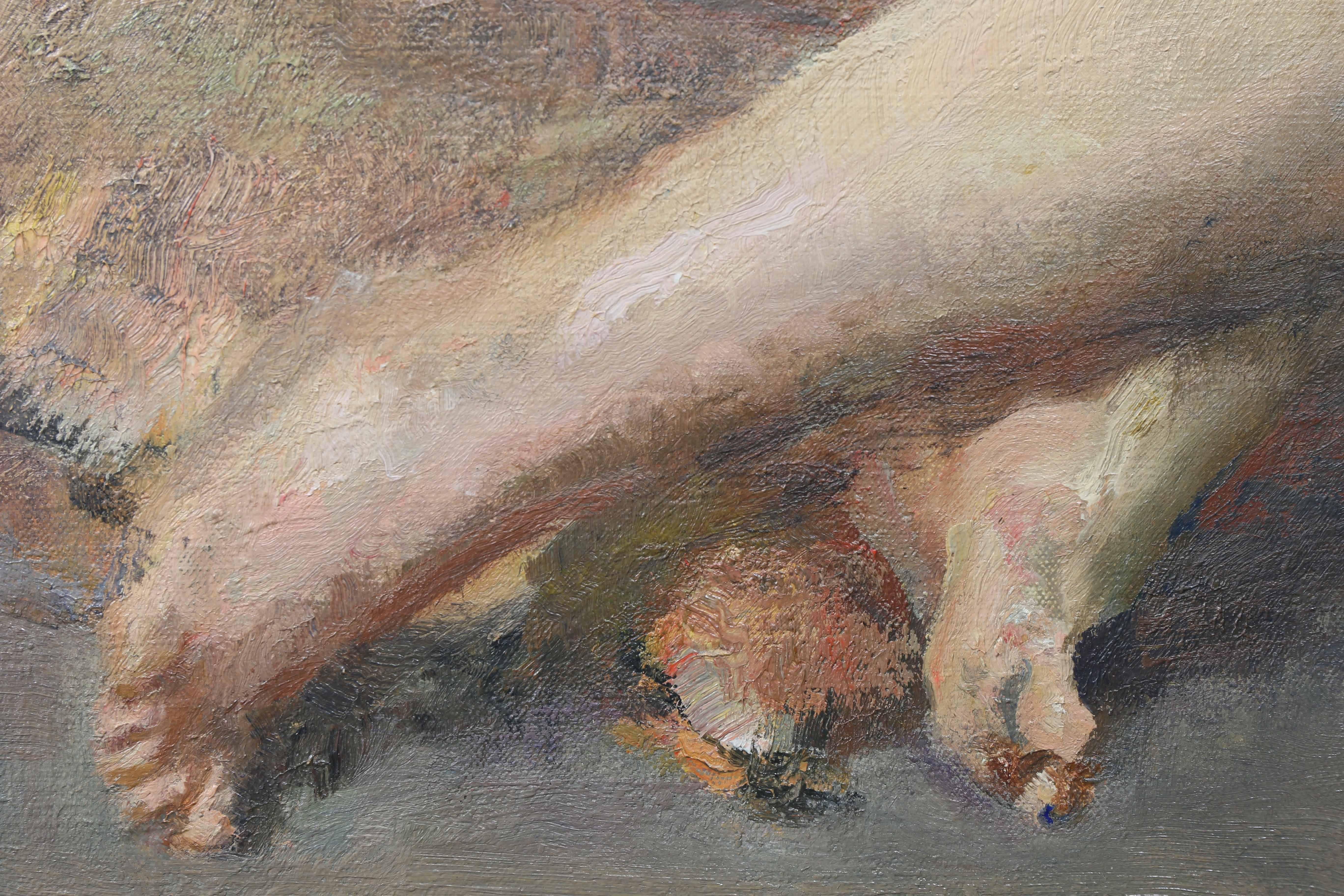 European Framed Oil on Canvas of a Reclining Nude Woman