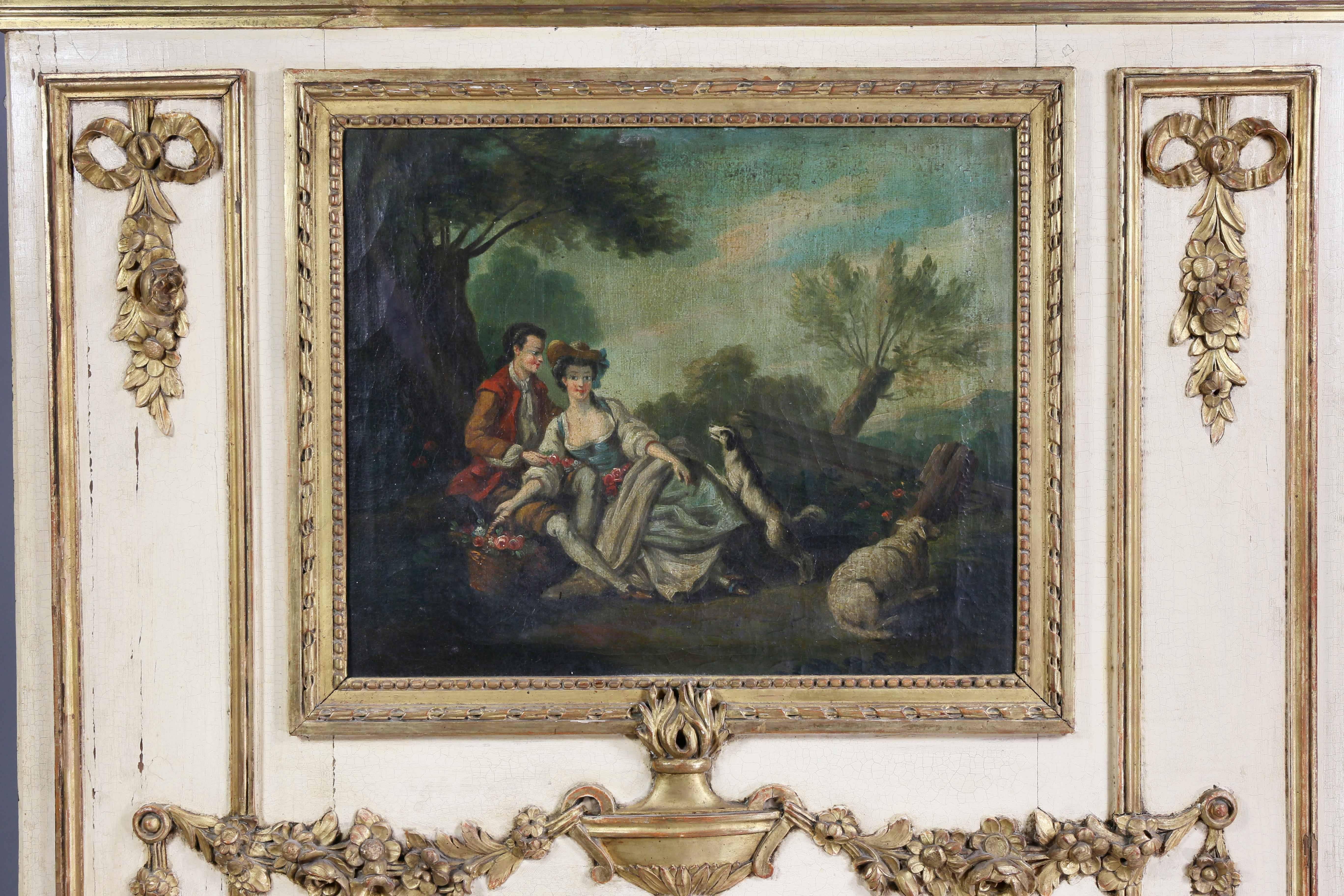 With an inset oil on canvas of an amourous couple over a mirror plate set in a frame. Provenance; Fogg Estate.