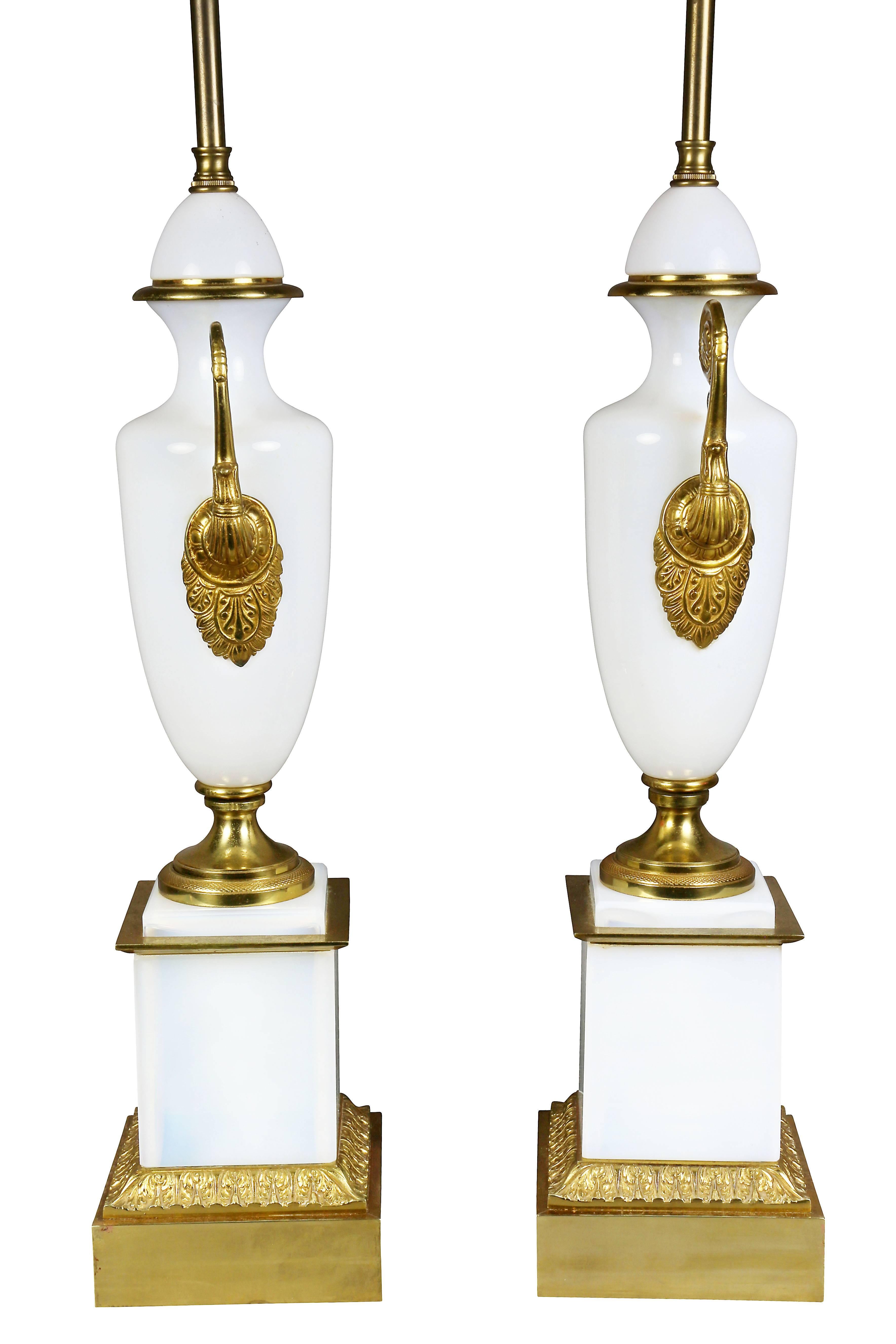 Early 19th Century Pair of French Directoire Style Opaline Glass and Gilt Metal Table Lamps