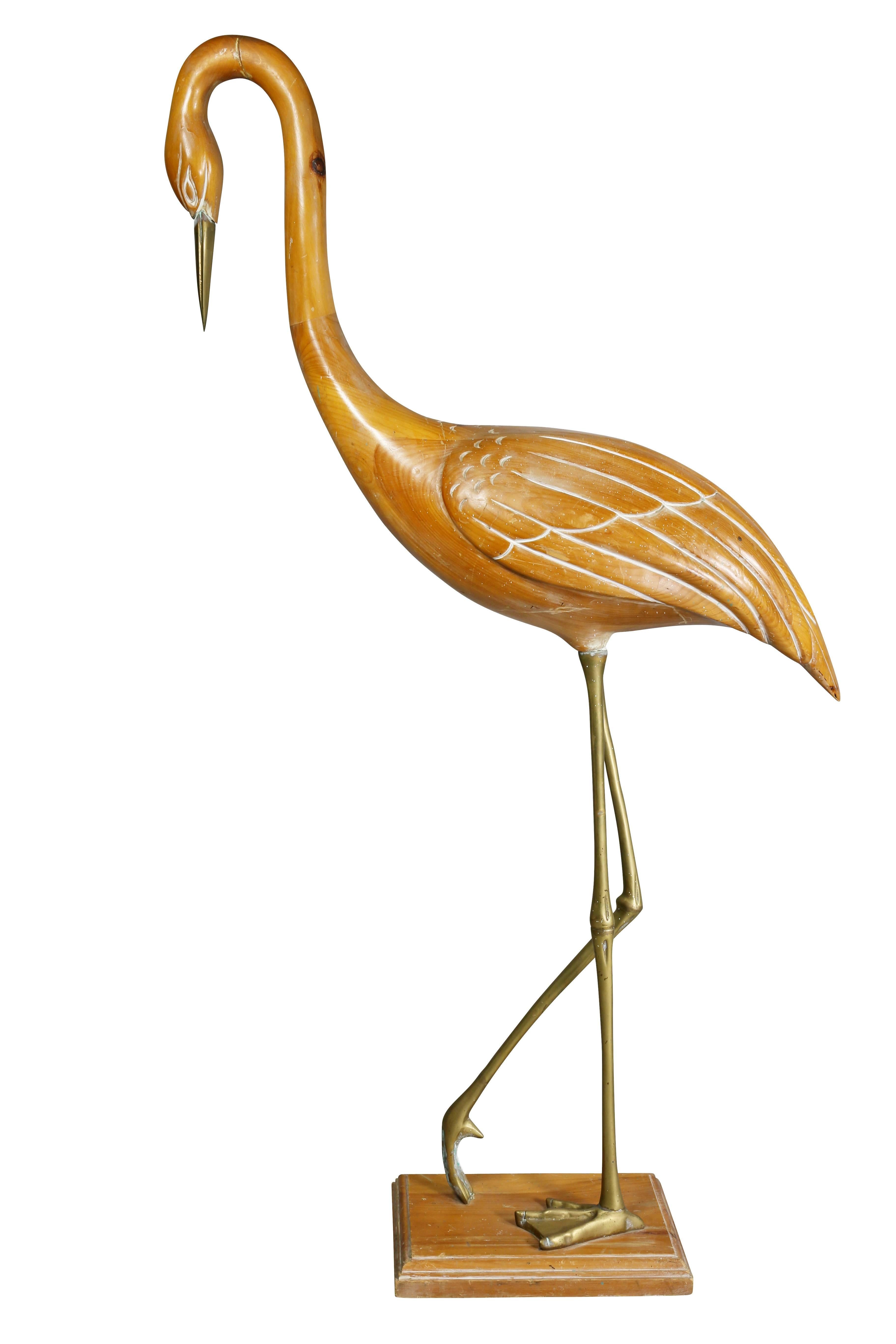 Carved Pine and Brass Figure of a Crane In Good Condition In Essex, MA