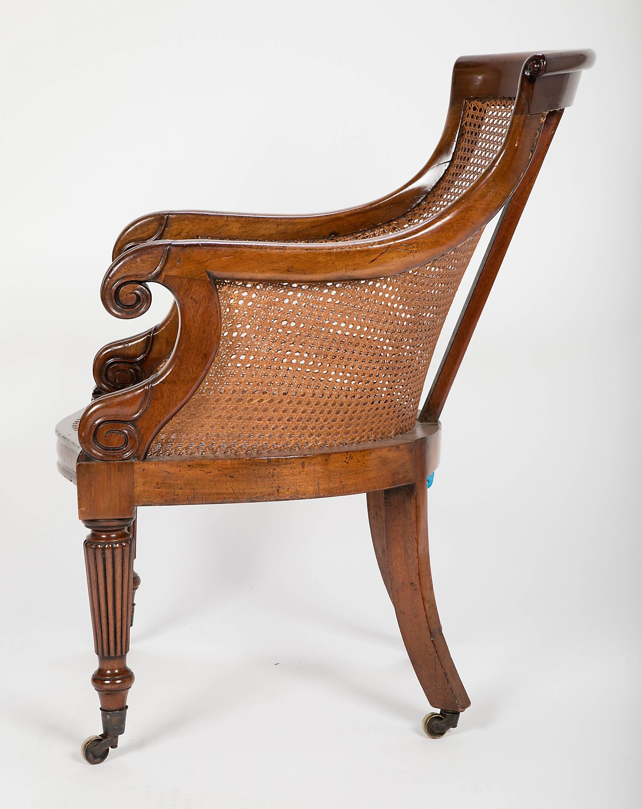 Pair of Late Regency Mahogany and Caned Bergere Chairs 1