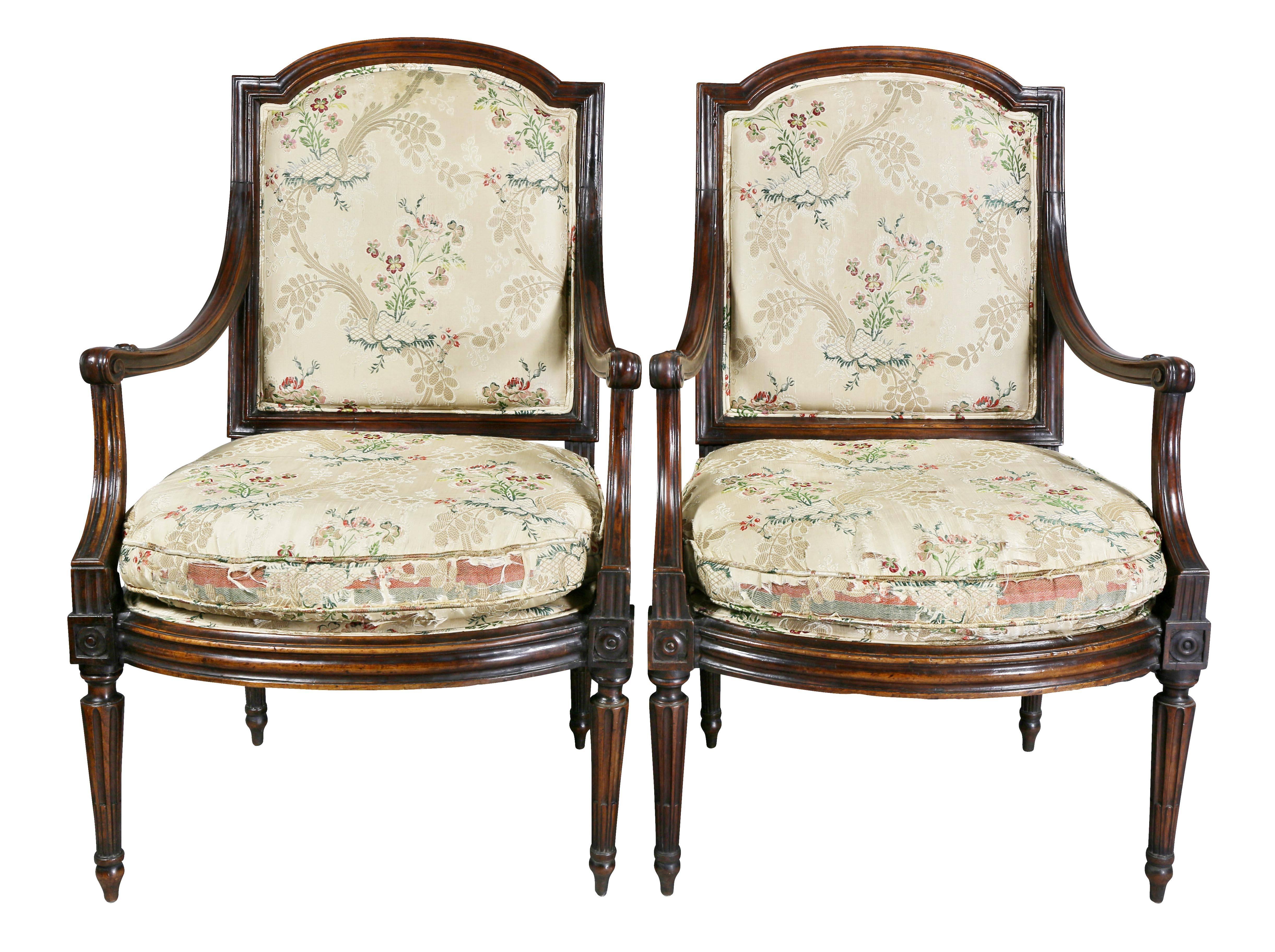 Pair of Italian Neoclassic Walnut Armchairs In Good Condition In Essex, MA