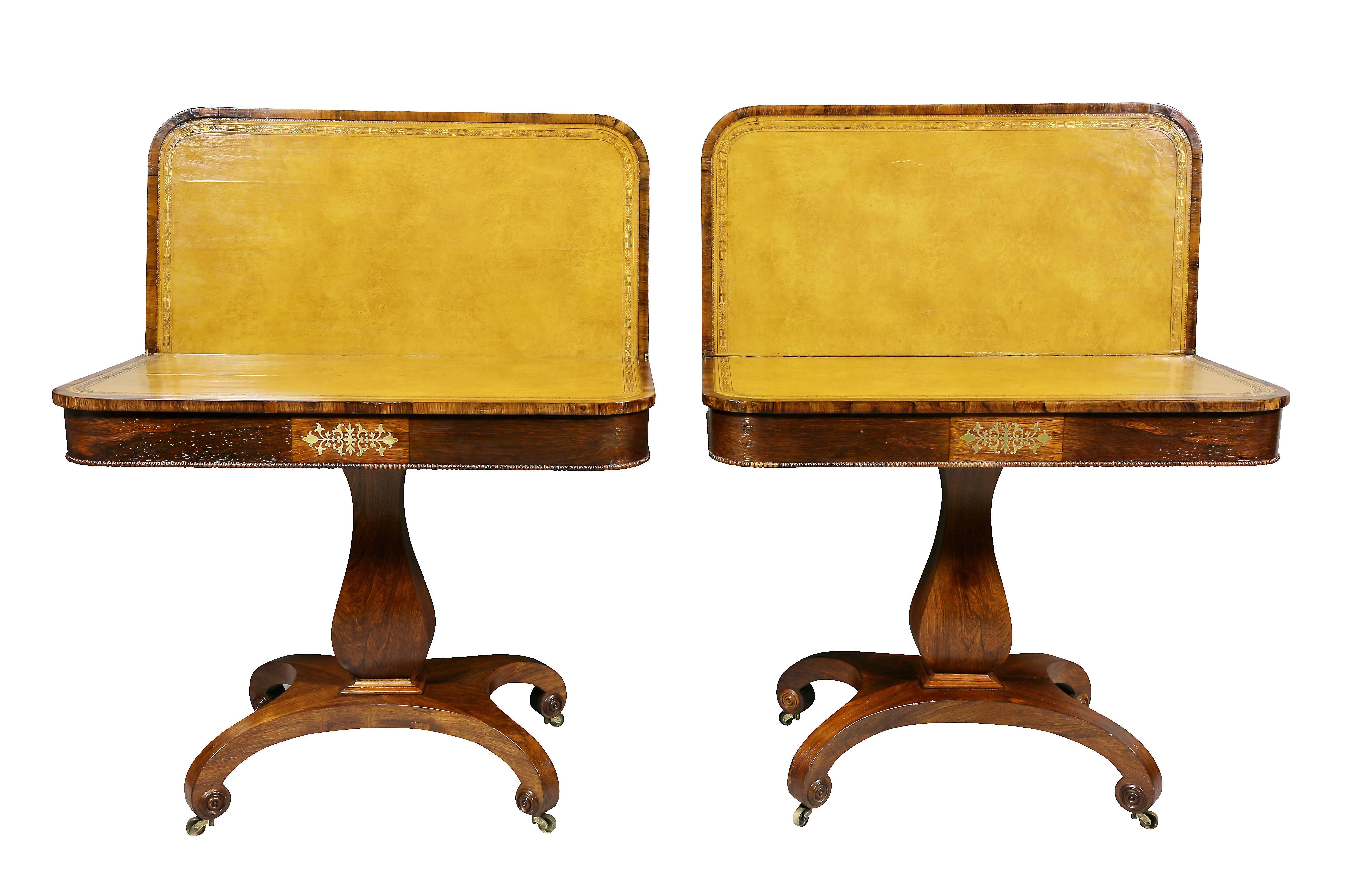 English Pair of Late Regency Rosewood and Brass Inlaid Games Tables