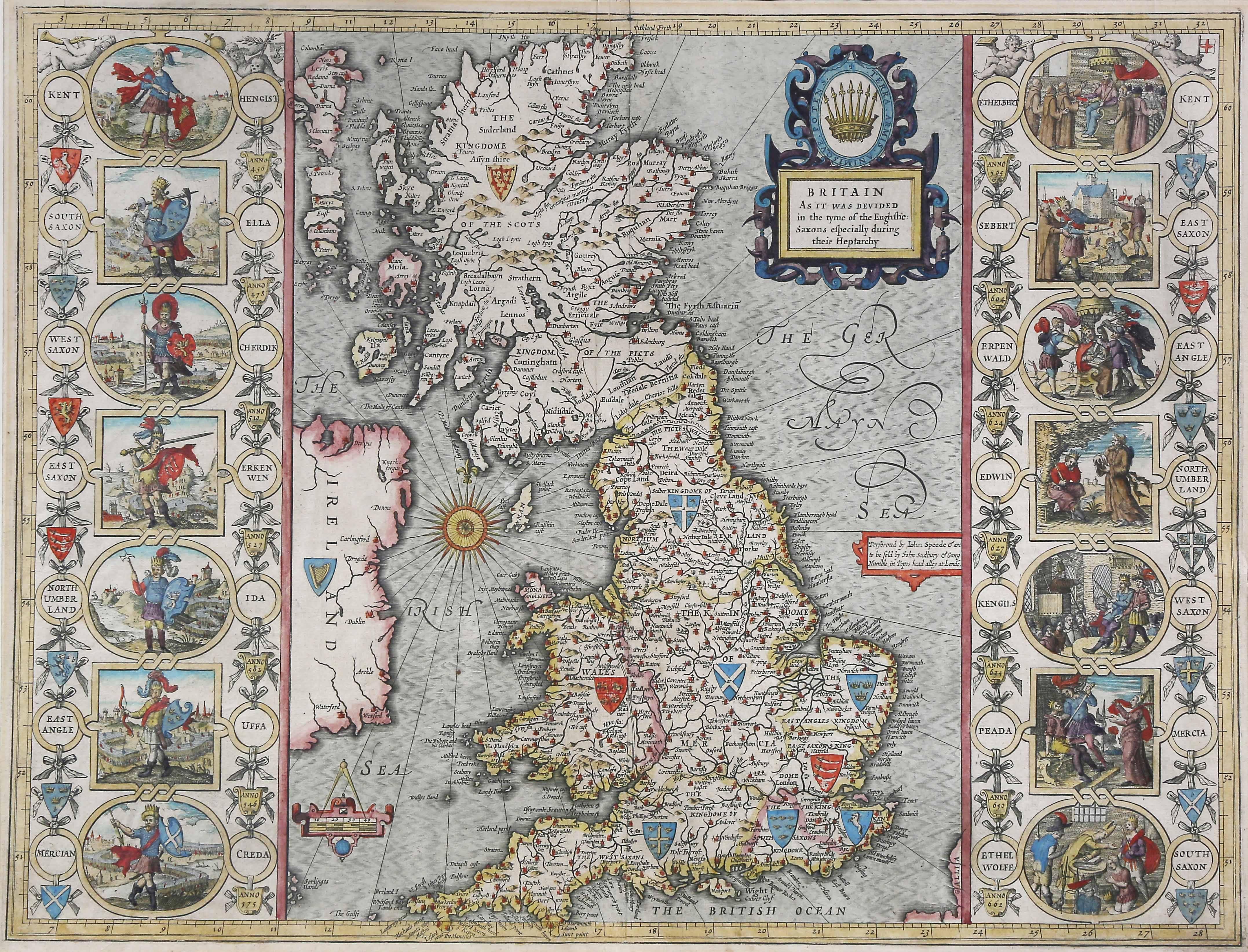 Engraved by Jodocus Hondius for John Speeds, 'Theatre Of The Empire Of Great Britain' and published by John Sudbury & George Humble. First published in 1611, this example comes from the 1646 edition, with the misprint 