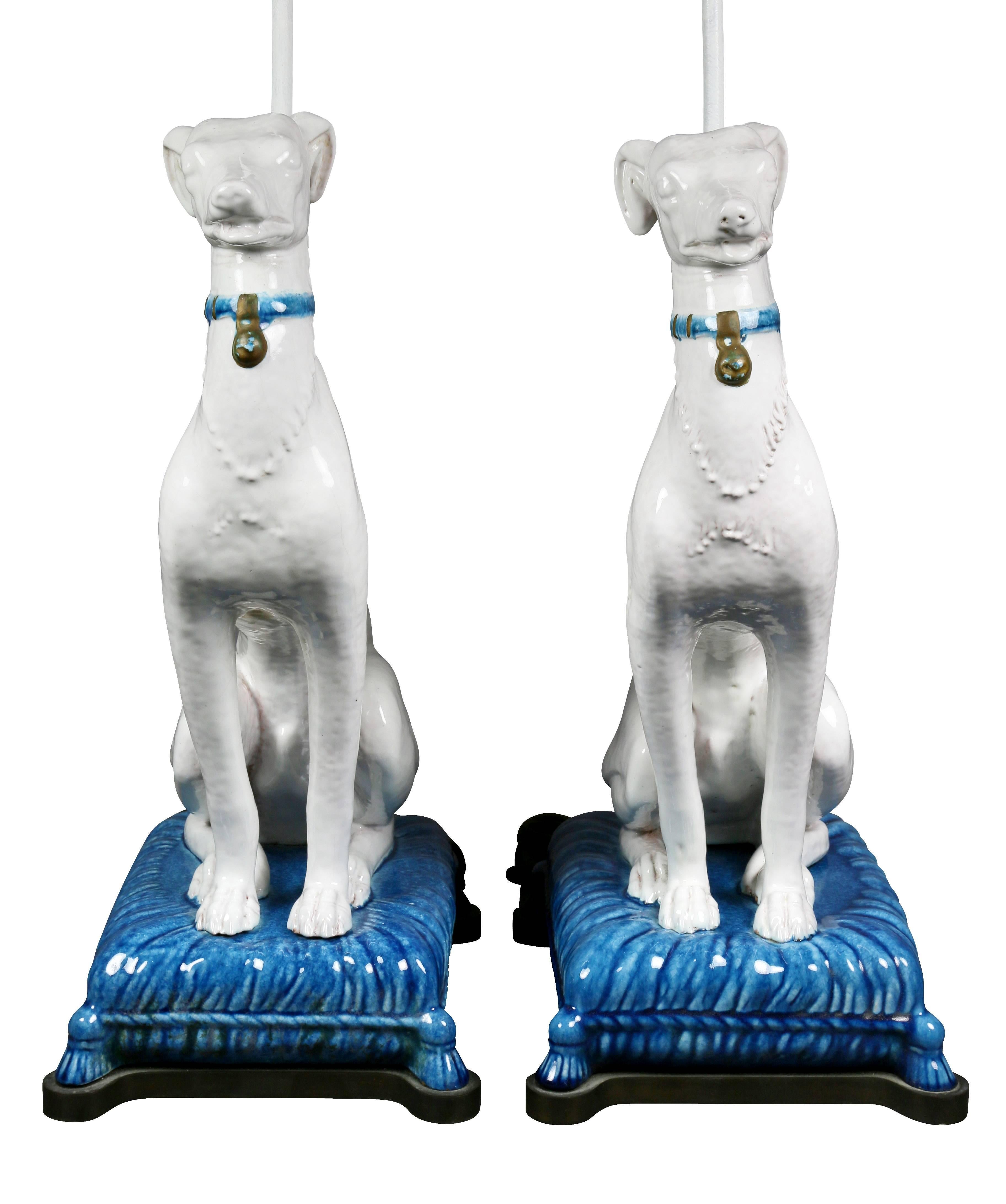Late 19th Century Pair of Pottery Figures of Seated Whippets Mounted as Lamps