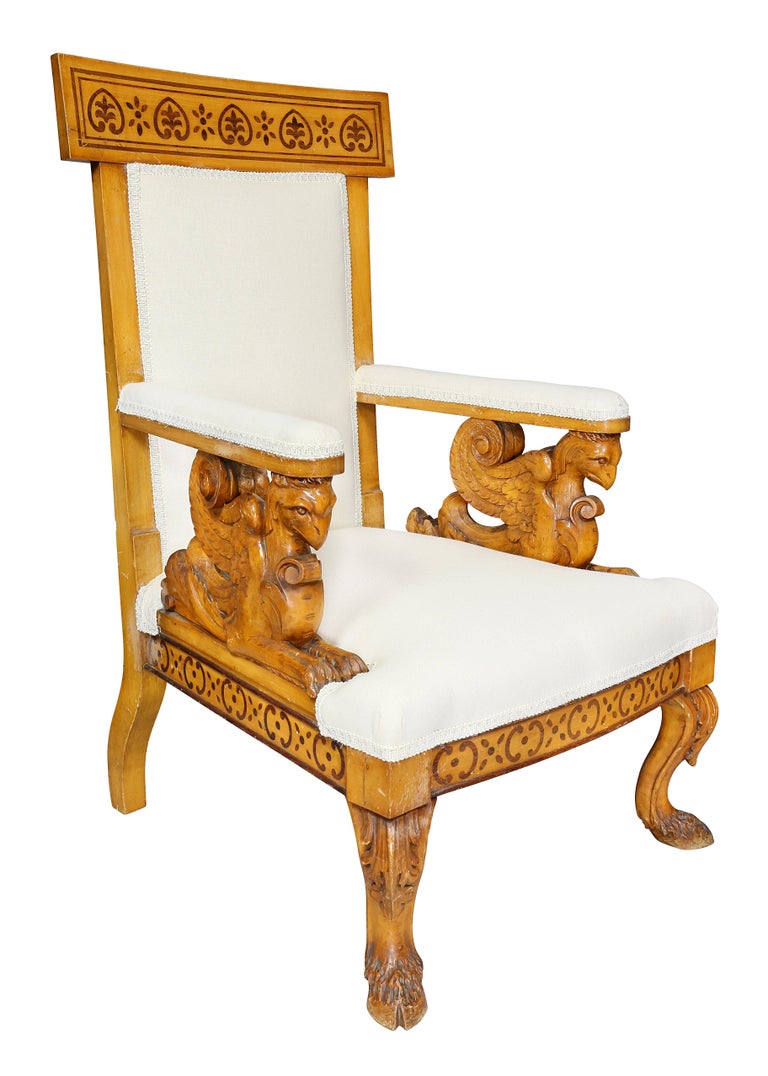 Each with tablet crestrail with inlaid anthemion , the arms with carved griffon supports all raised on carved cabriole legs with hoof feet. These chairs are diminutive. Newly covered in muslin.