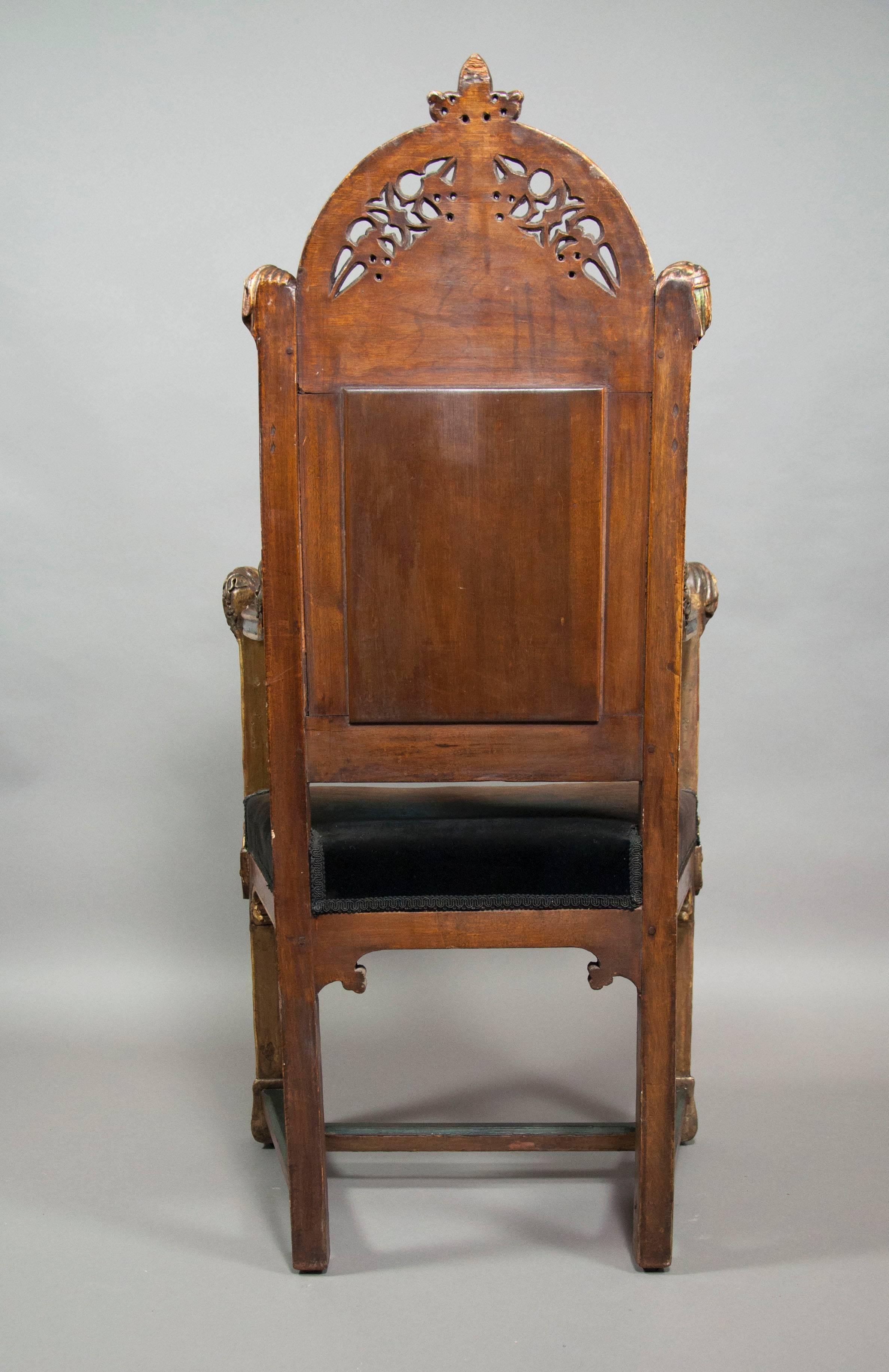 Unusual Gothic Revival Carved, Giltwood and Painted Armchair In Good Condition In Essex, MA