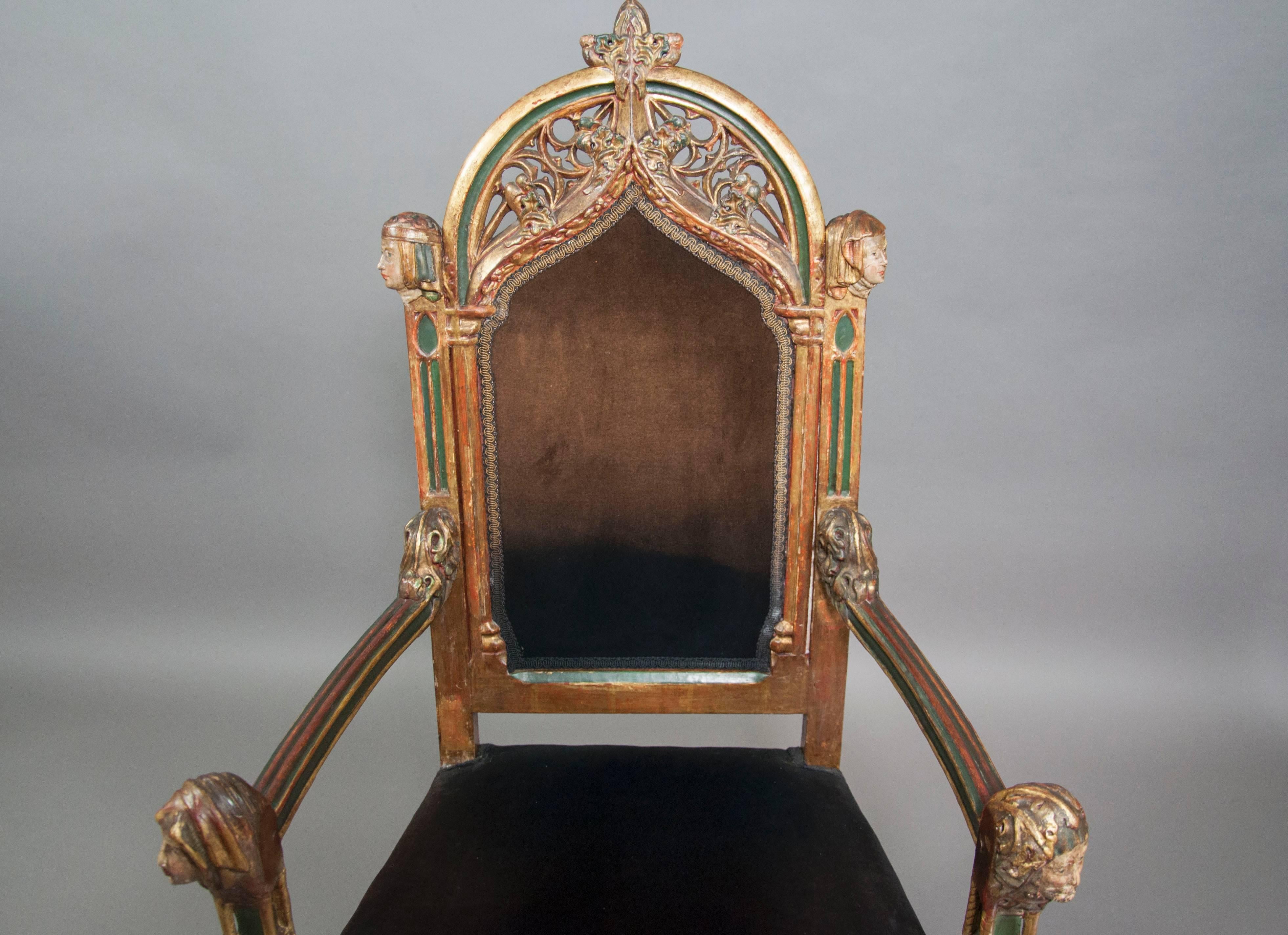 Unusual Gothic Revival Carved, Giltwood and Painted Armchair 1
