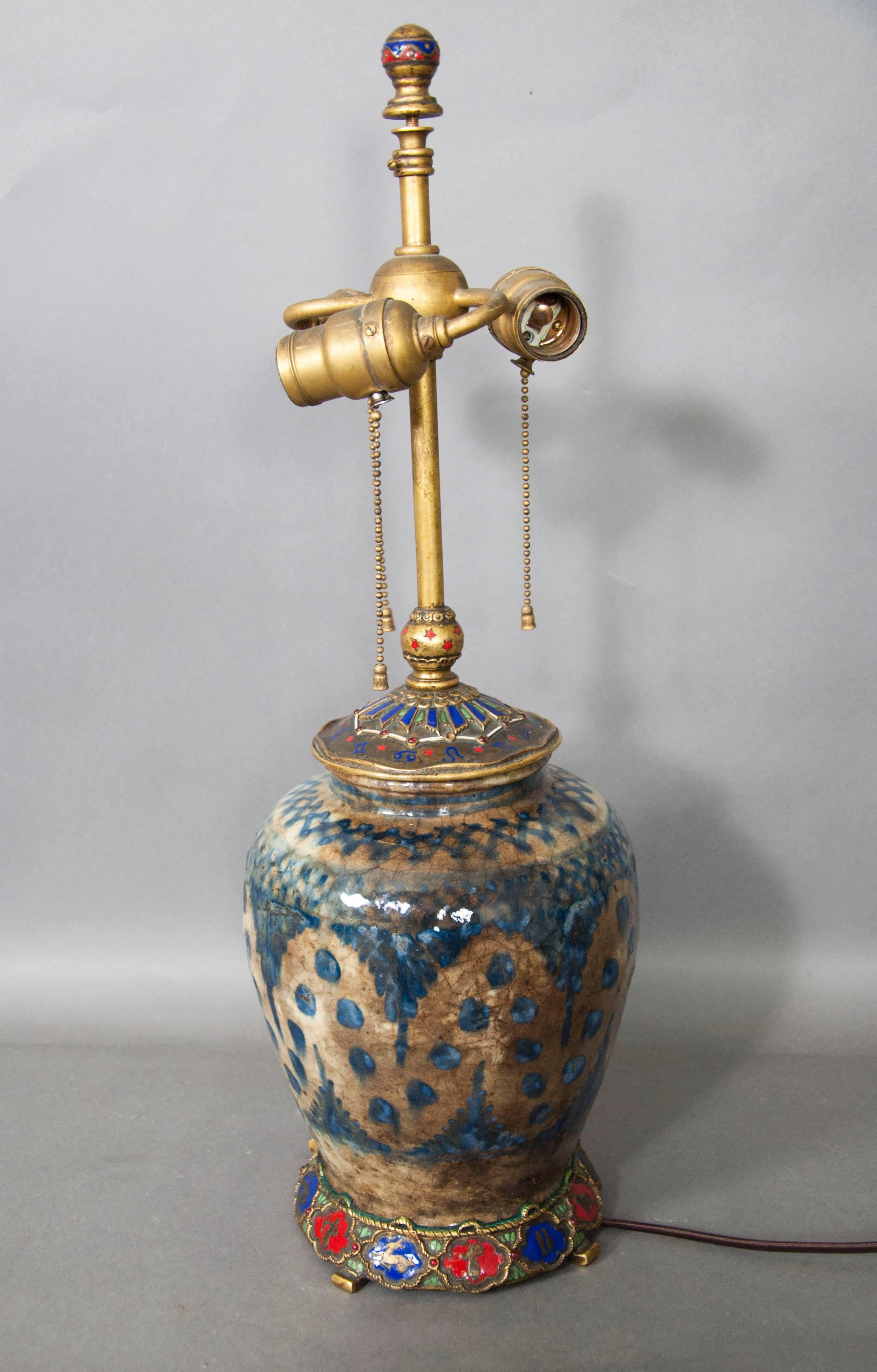 American E.F Caldwell Persian Pottery and Enamelled Bronze Zodiac Lamp