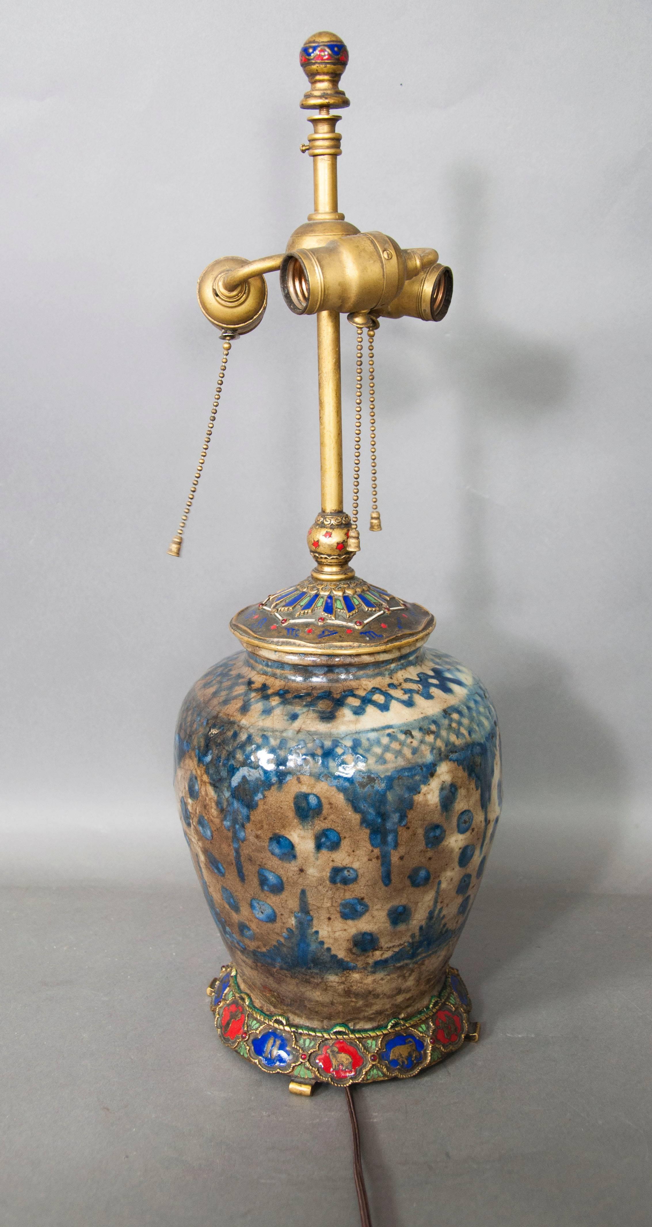 Arts and Crafts E.F Caldwell Persian Pottery and Enamelled Bronze Zodiac Lamp