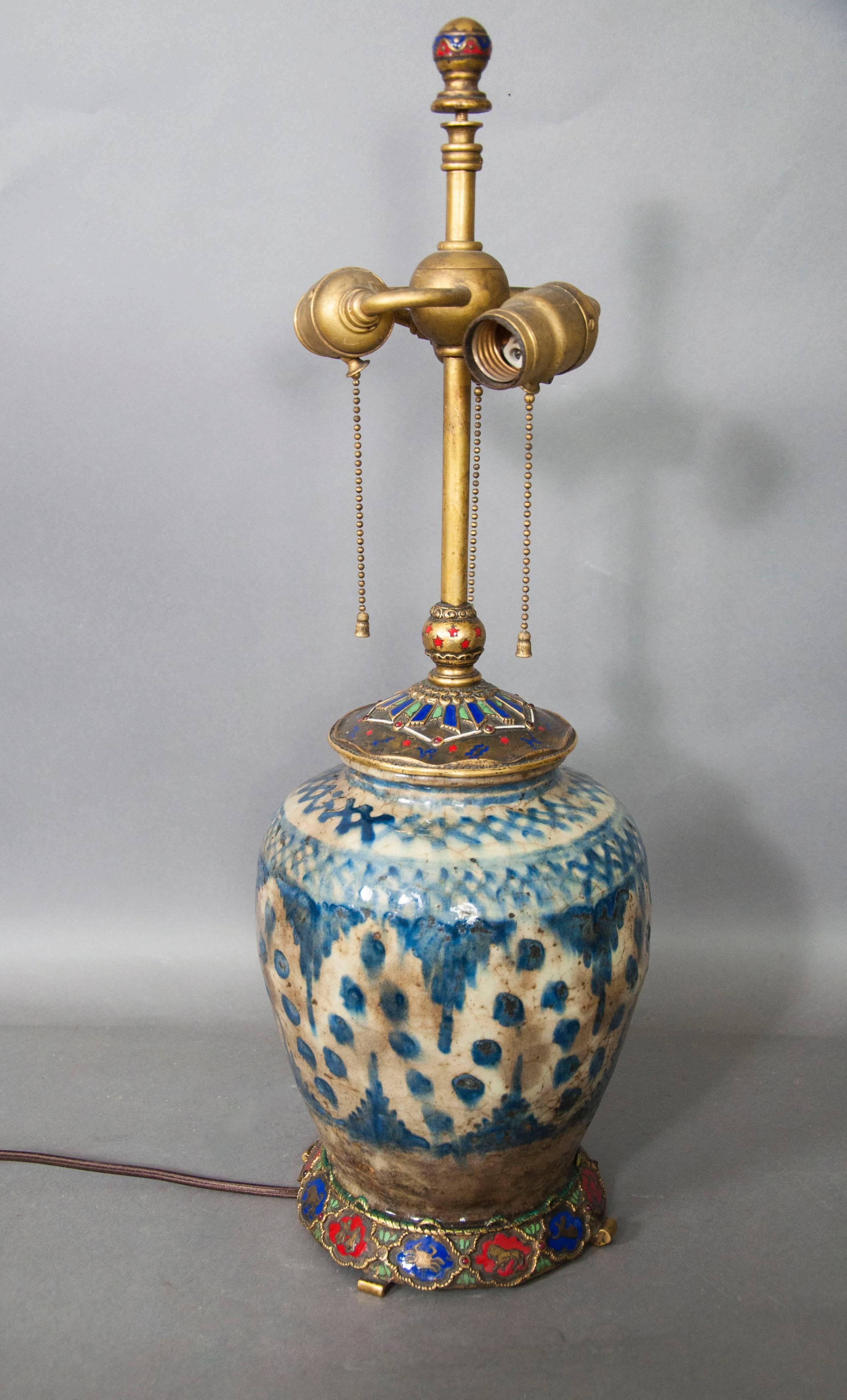 E.F Caldwell Persian Pottery and Enamelled Bronze Zodiac Lamp In Good Condition In Essex, MA