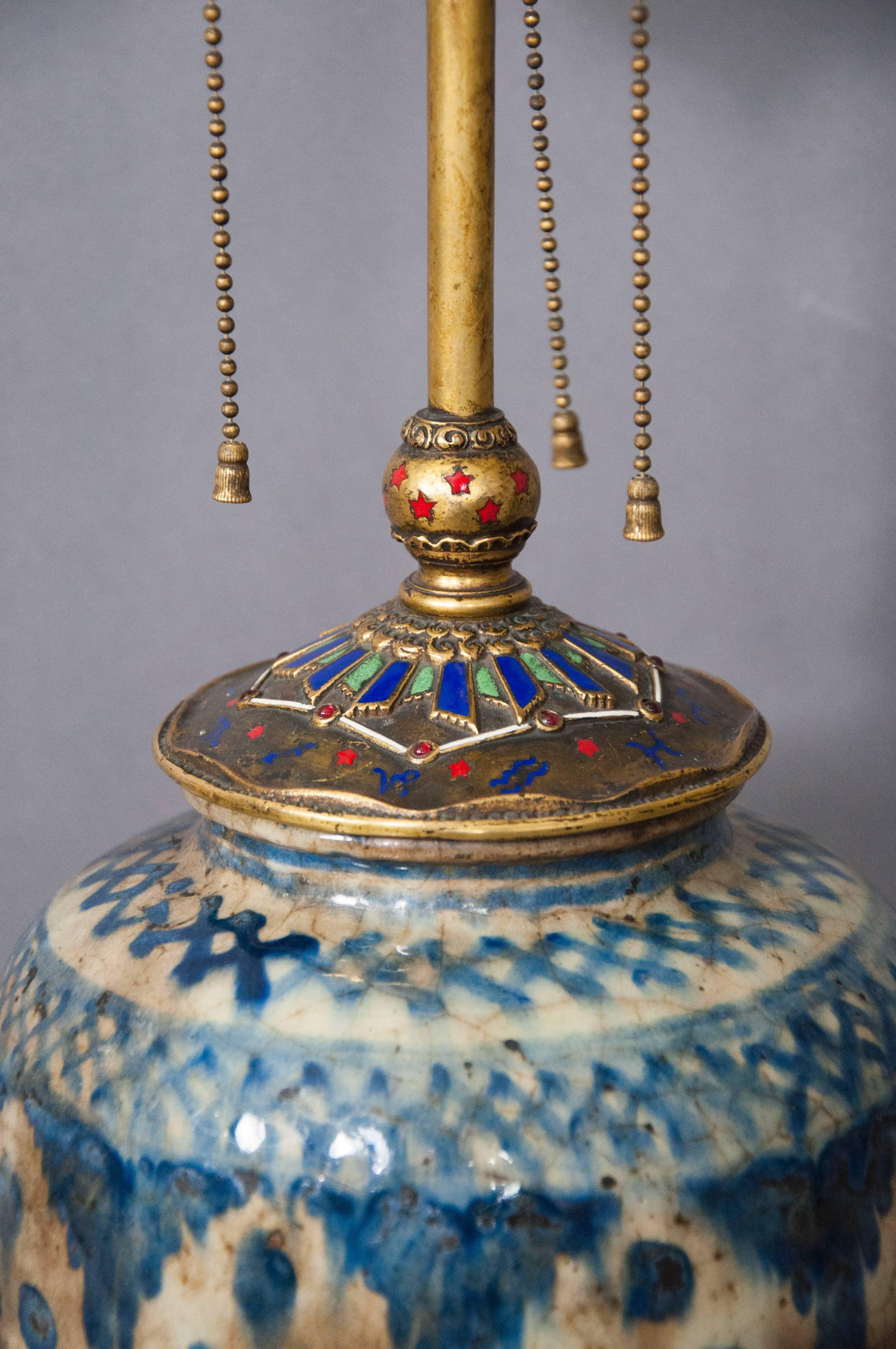 E.F Caldwell Persian Pottery and Enamelled Bronze Zodiac Lamp 1
