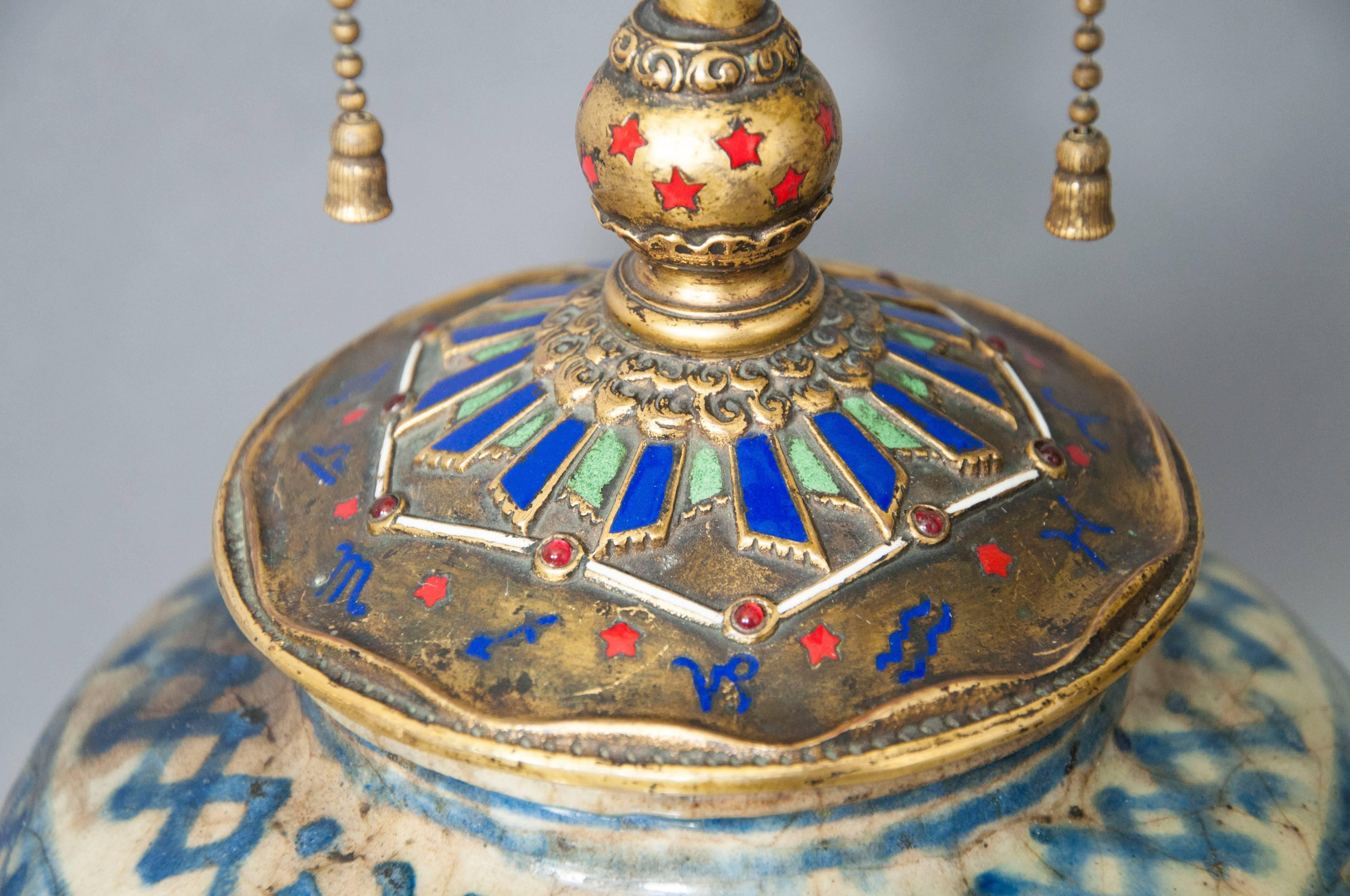 Early 20th Century E.F Caldwell Persian Pottery and Enamelled Bronze Zodiac Lamp