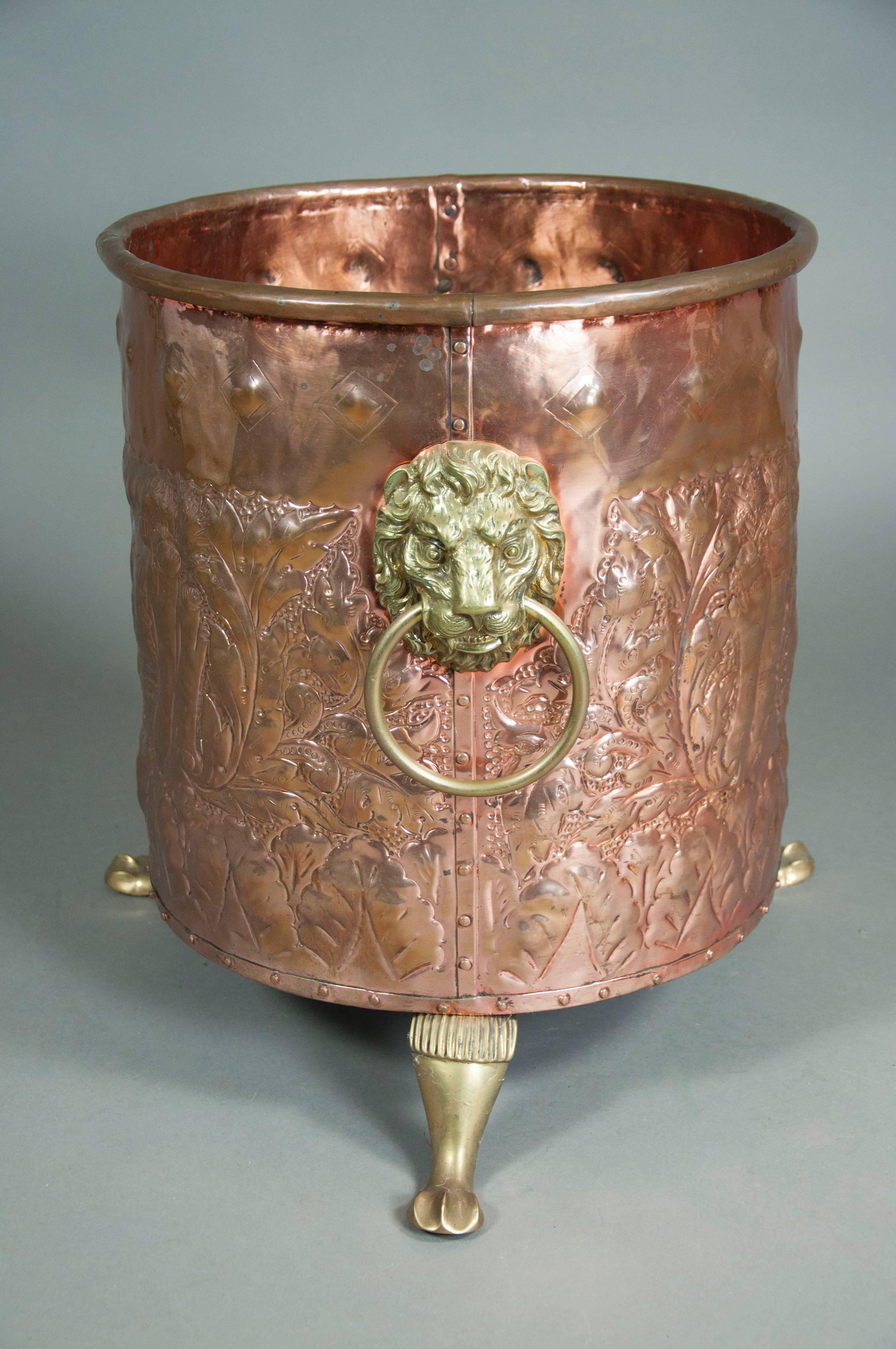 European Copper And Brass Fireplace Pail In Good Condition In Essex, MA