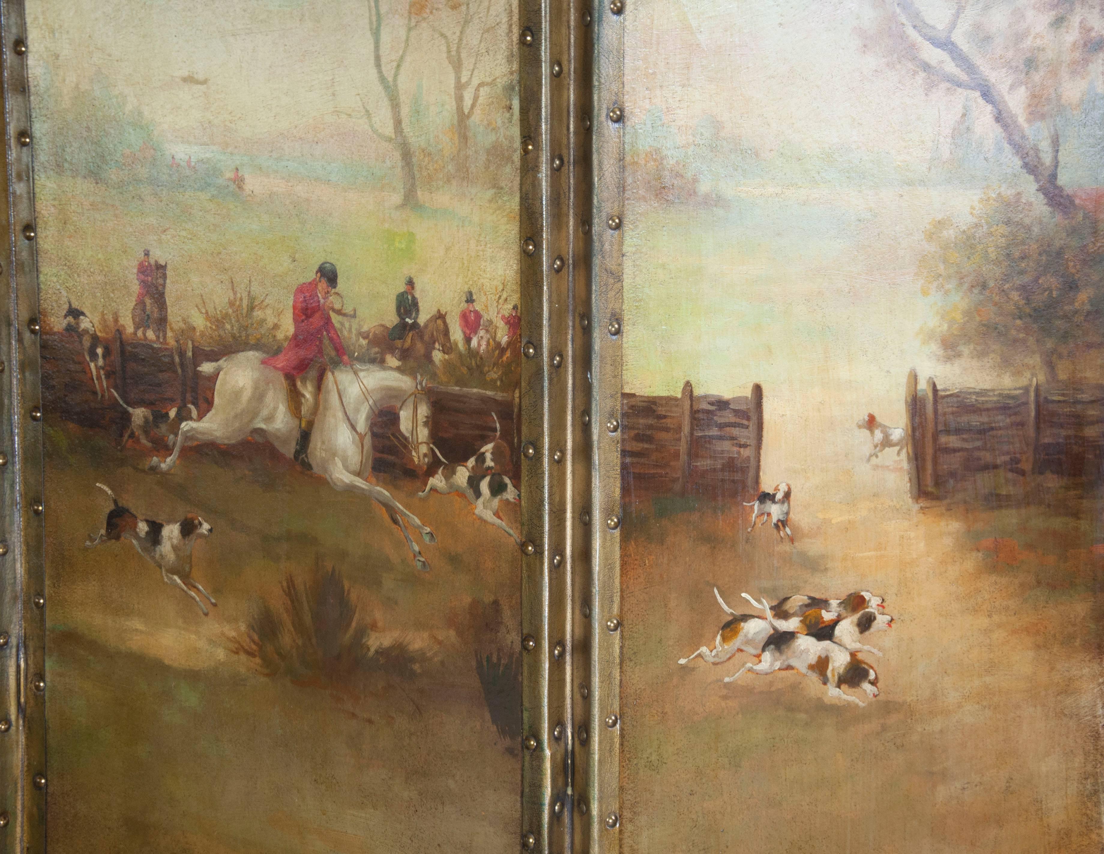 Late 19th Century Three-Panel Victorian Painted Leather Fox Hunting Screen