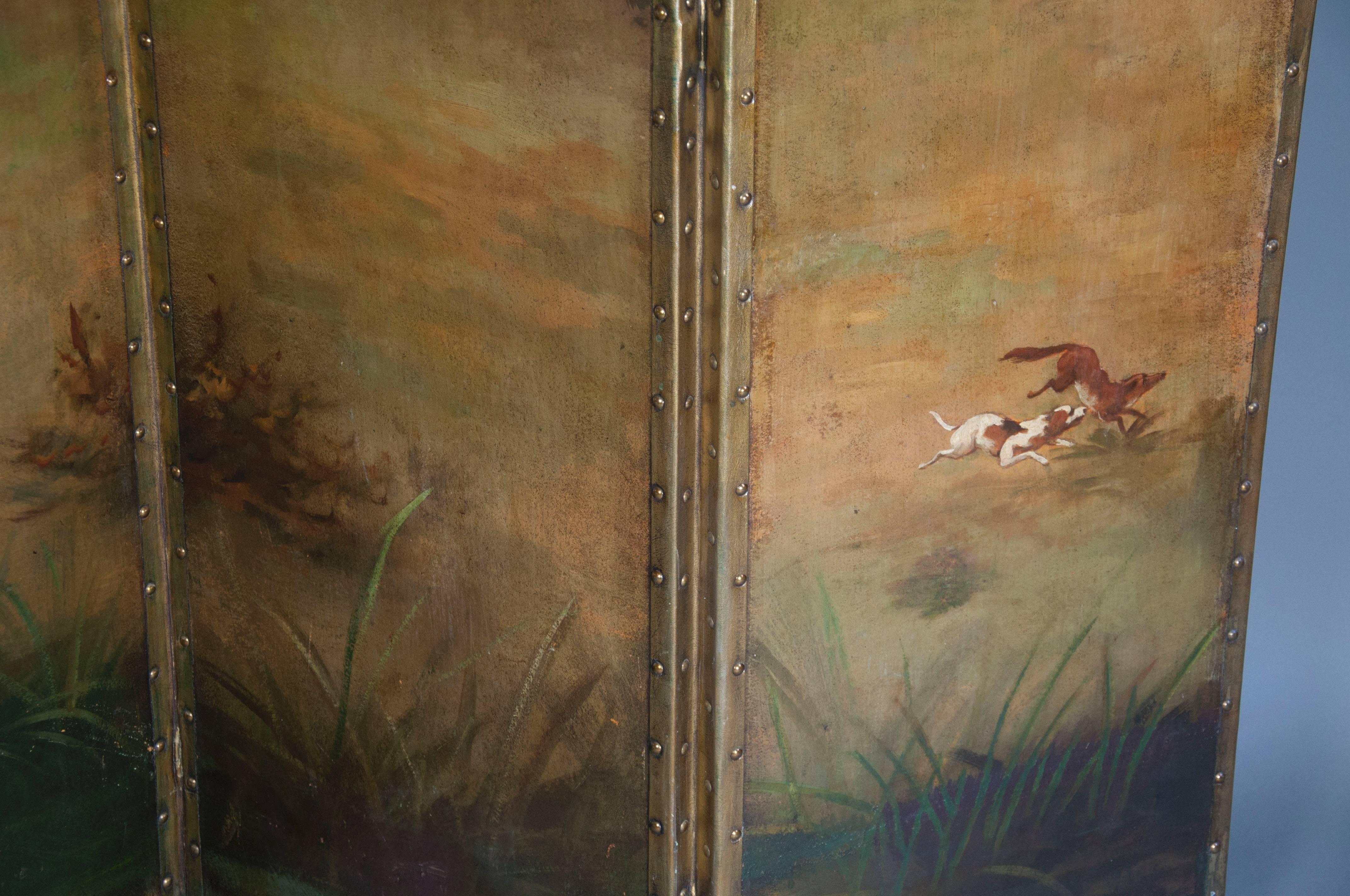 Three-Panel Victorian Painted Leather Fox Hunting Screen 1