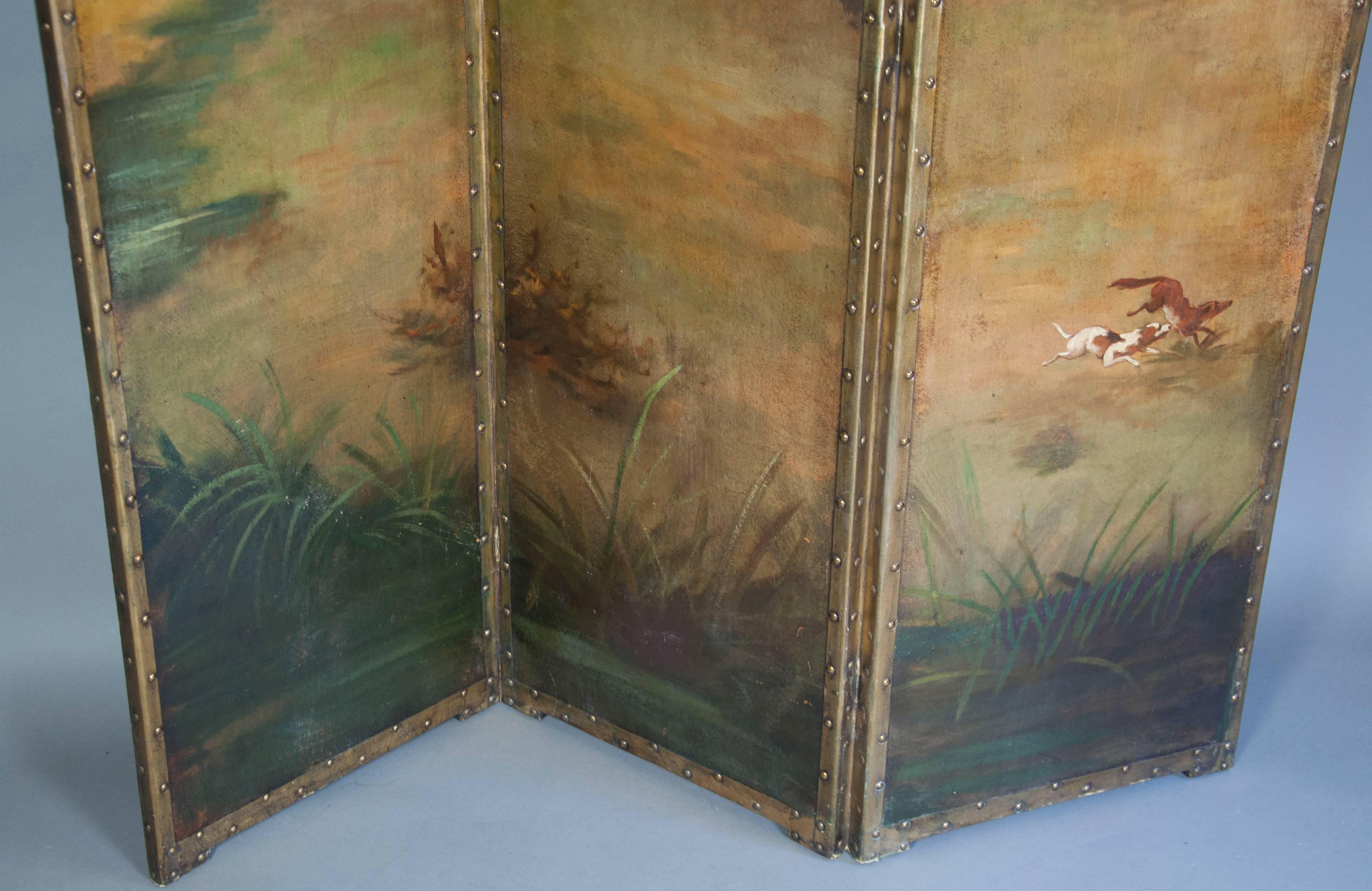 Three-Panel Victorian Painted Leather Fox Hunting Screen In Excellent Condition In Essex, MA