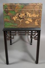 Chinese Export Painted Leather Trunk on Ebonized and Gilt Stand