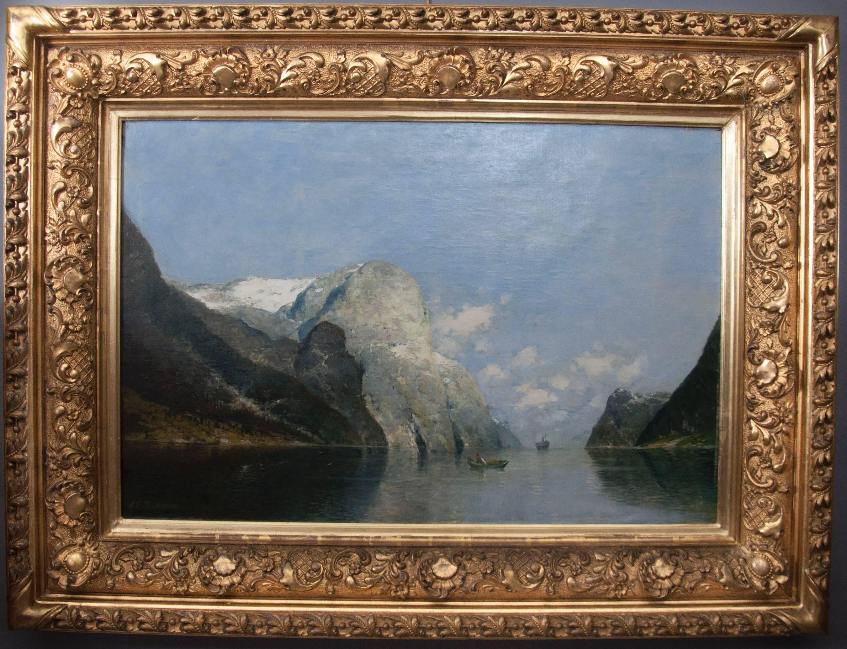 Norwegian Oil on Canvas of a Fjord by A.G. Rasmussen in Giltwood Frame