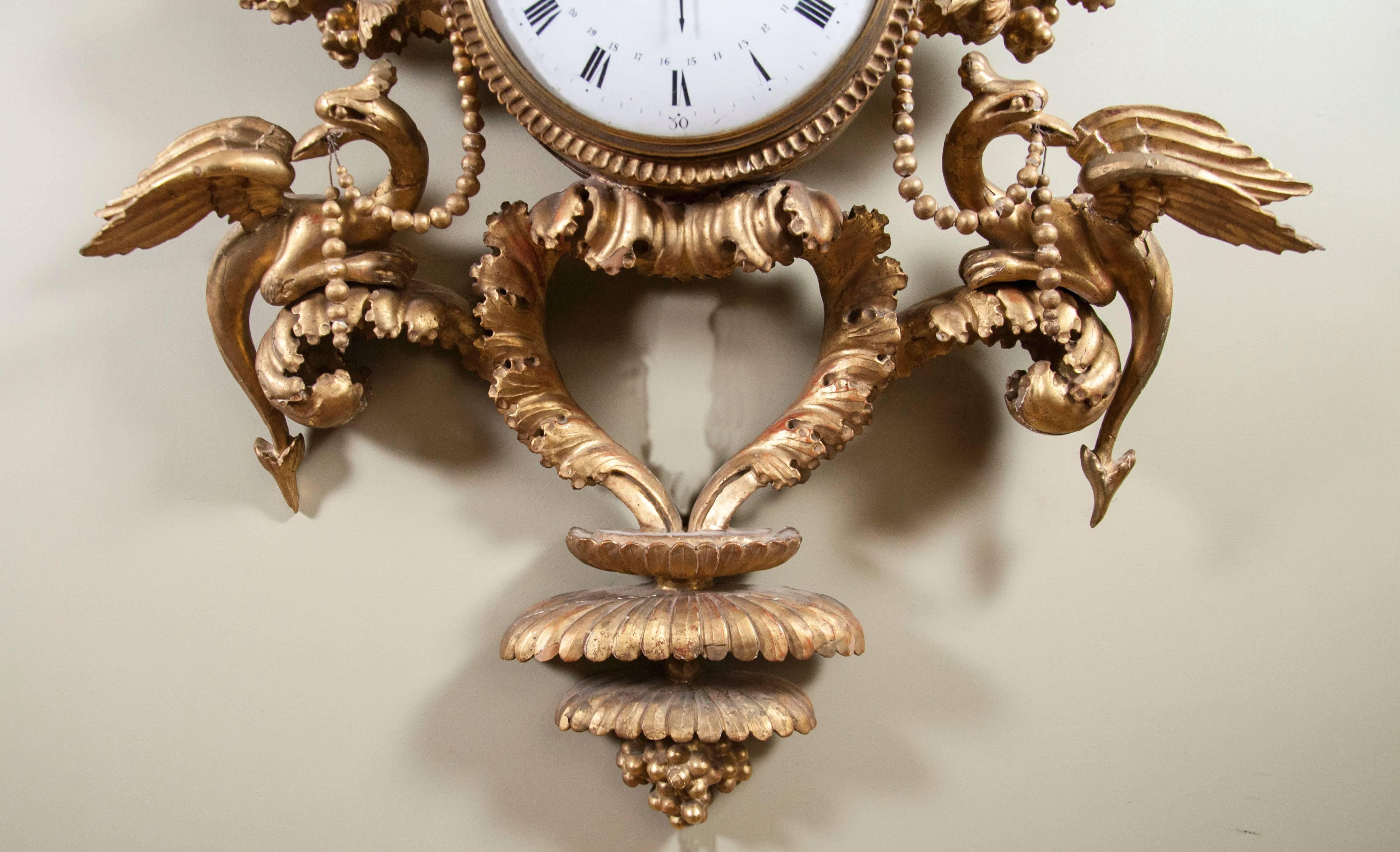 Swedish Neoclassic Giltwood Wall Clock In Good Condition In Essex, MA