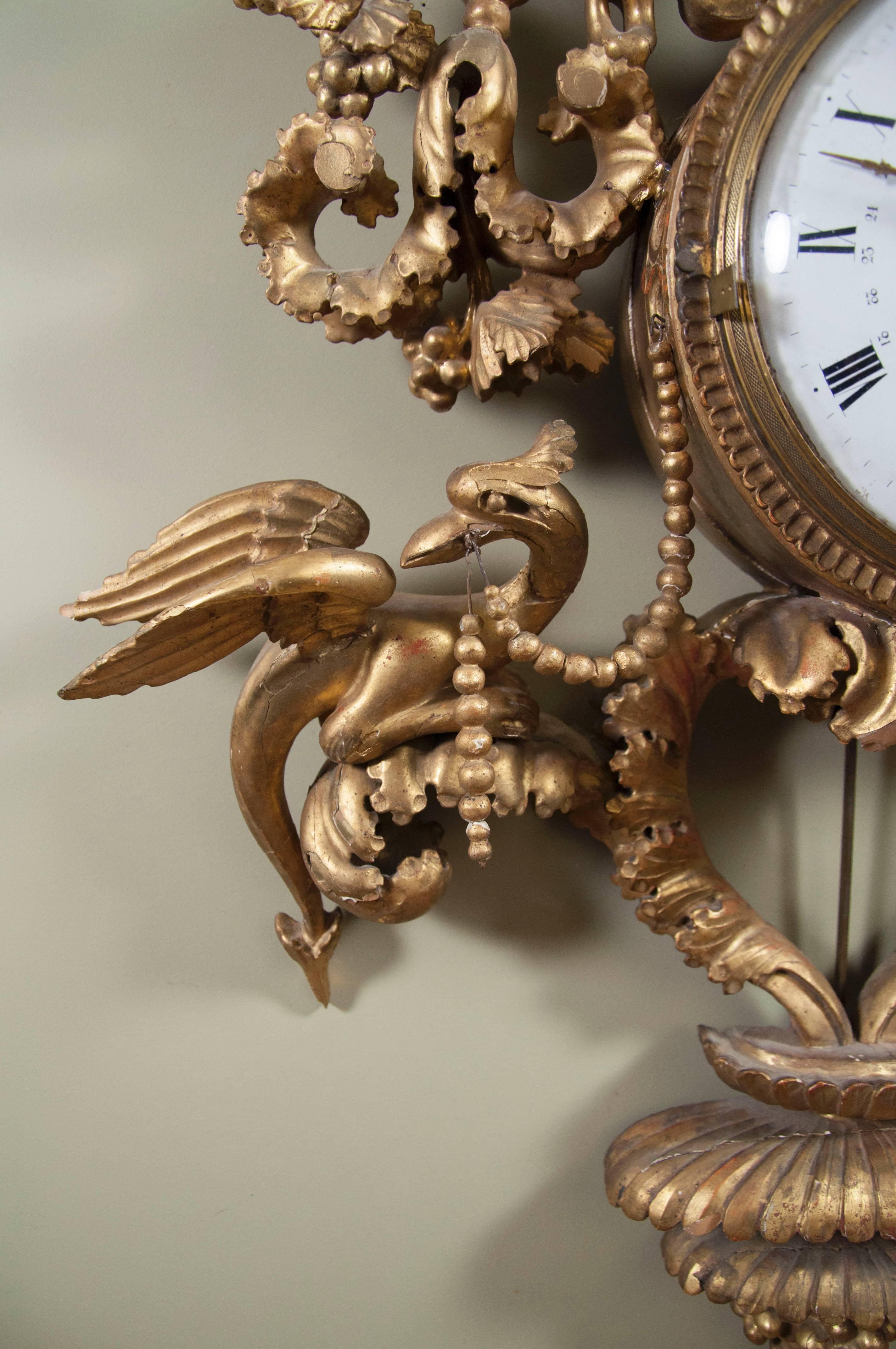 19th Century Swedish Neoclassic Giltwood Wall Clock