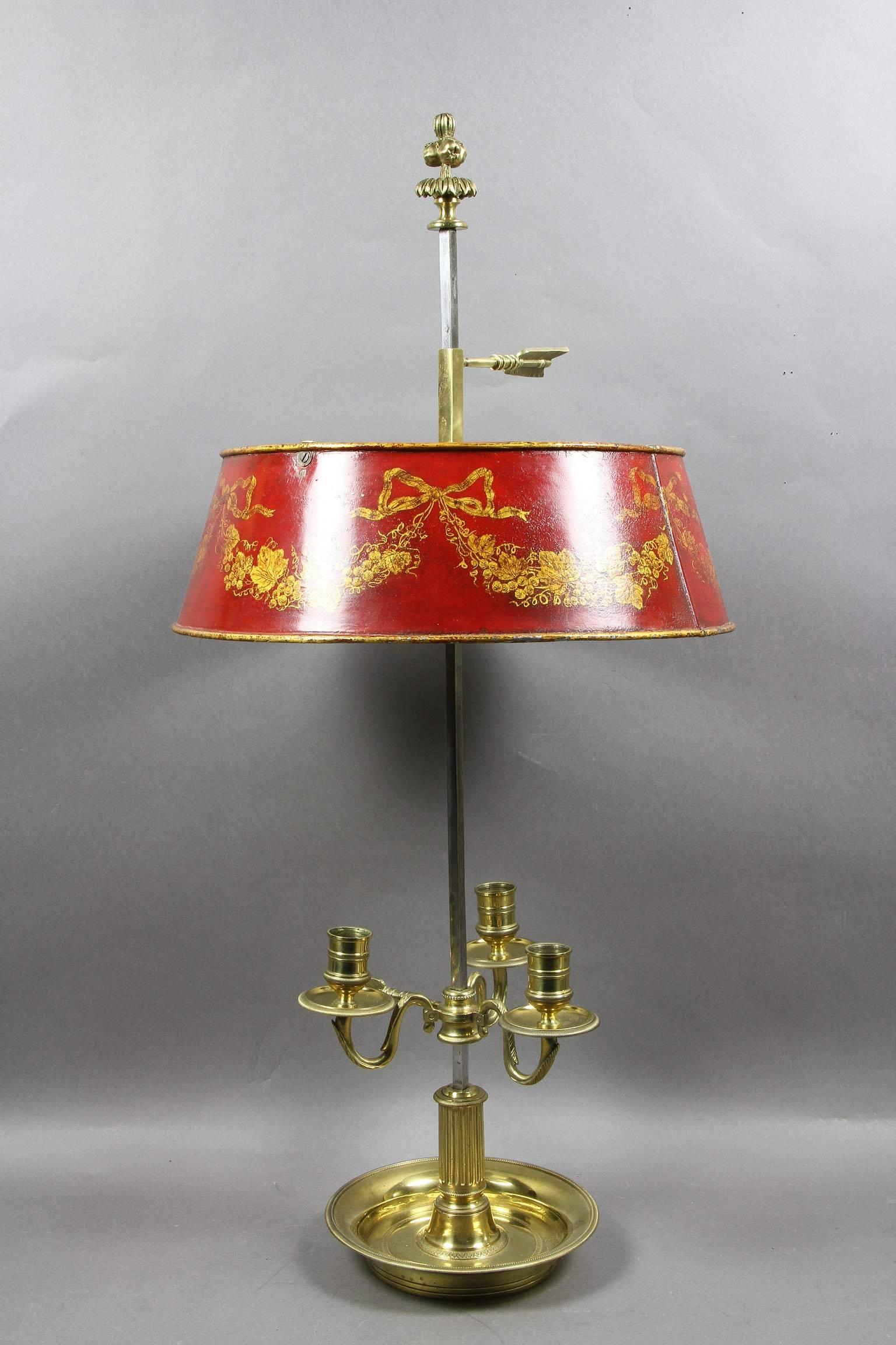 Louis XVI Brass and Red Tole Bouillotte Lamp In Good Condition In Essex, MA