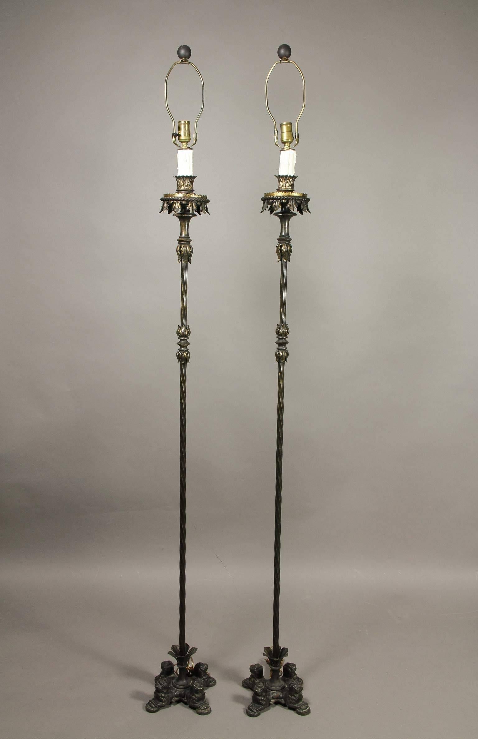 19th Century Pair of Renaissance Revival Cast Iron and Bronze Floor Lamps