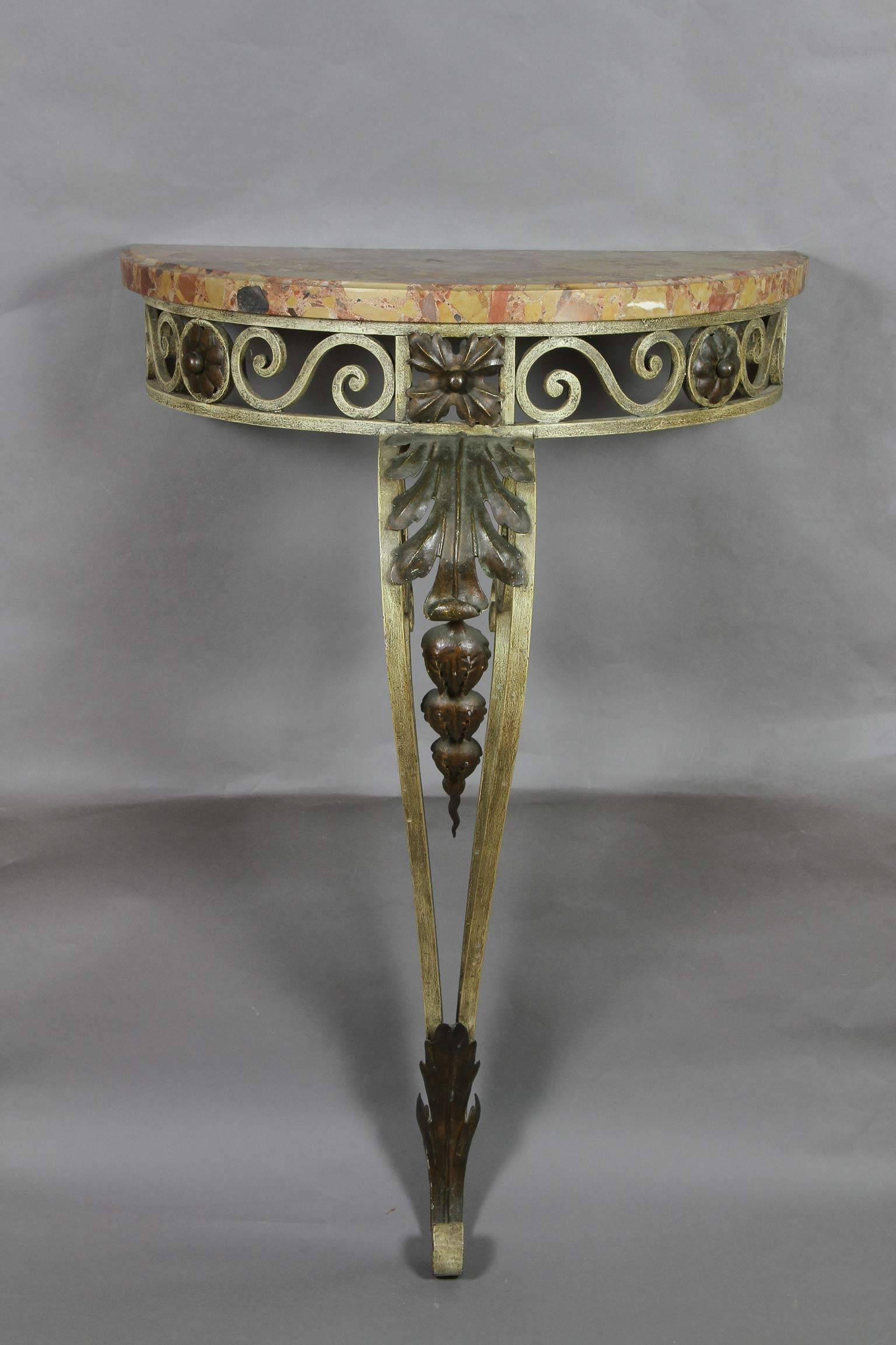 Louis XVI Style Wrought Iron and Marble-Top Petite Demilune Console Table In Good Condition In Essex, MA