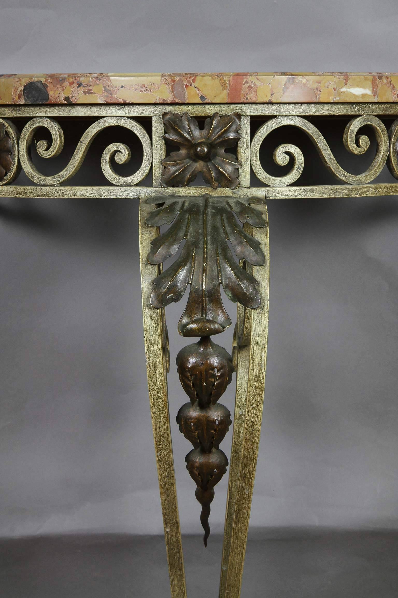 French Louis XVI Style Wrought Iron and Marble-Top Petite Demilune Console Table