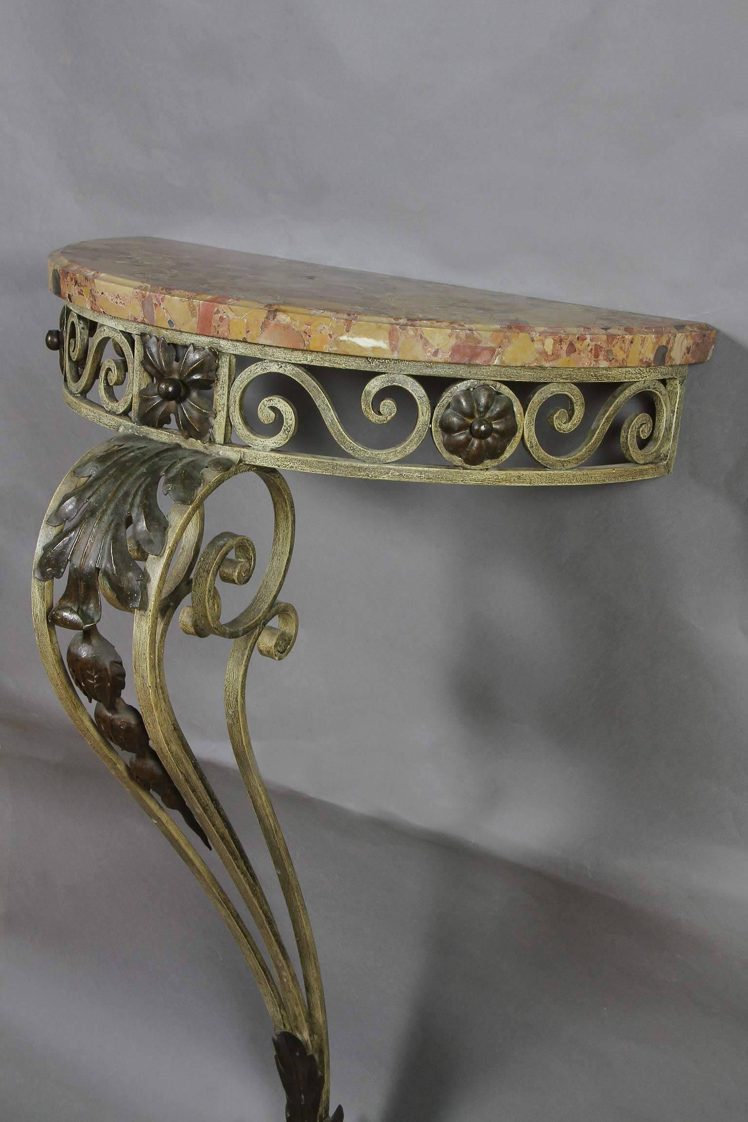 Neoclassical Louis XVI Style Wrought Iron and Marble-Top Petite Demilune Console Table