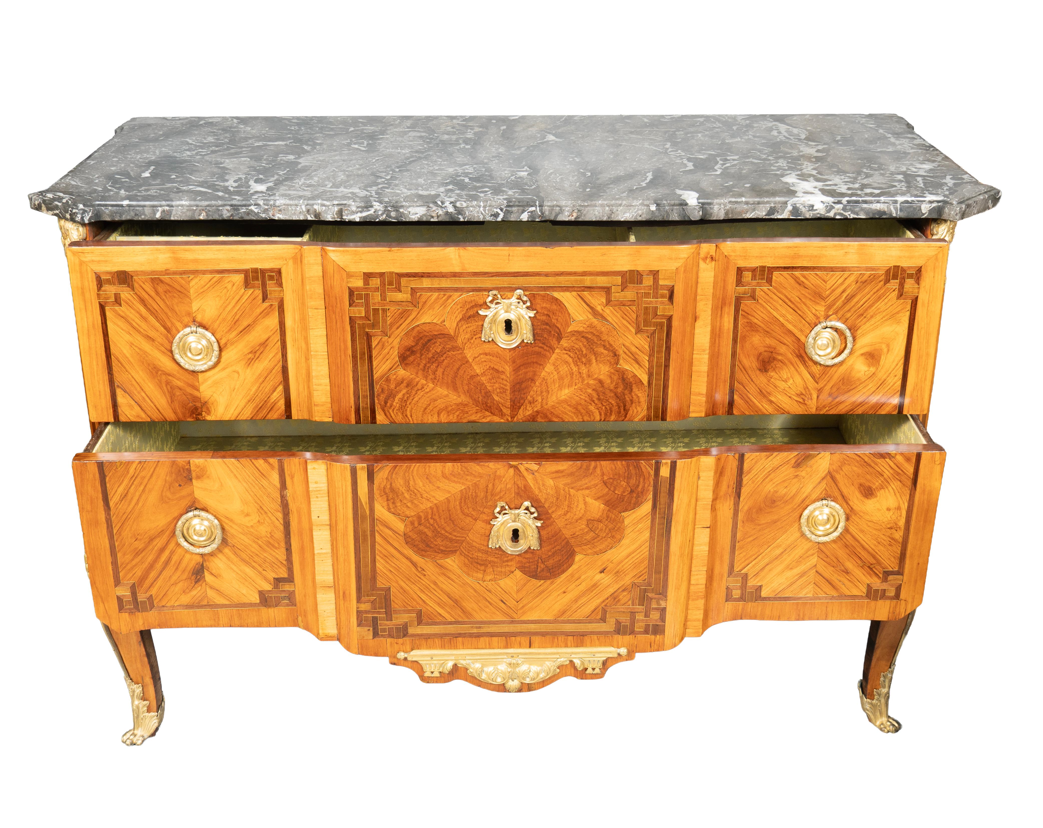 Louis XVI Louis XV Transitional Tulipwood And Kingwood Commode By Boudin For Sale