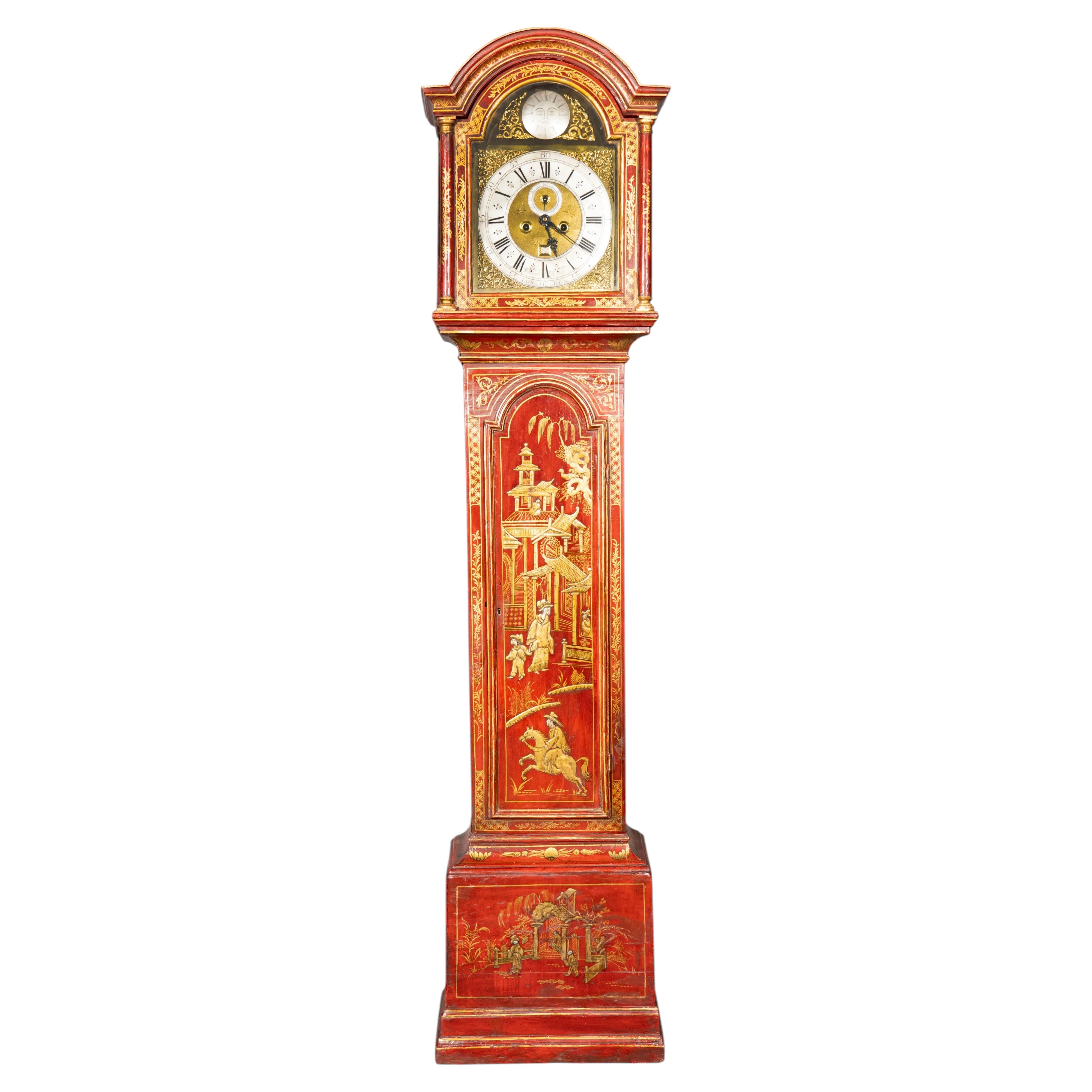 George III Red Japanned Tall Case Clock For Sale