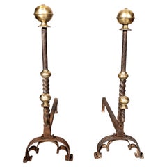 Pair Of Italian Baroque Wrought Iron And Brass Andirons