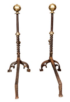 Pair Of Italian Baroque Wrought Iron And Brass Andirons