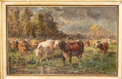 Oil On Canvas Painting Of Cows By Raymond Desvarreux