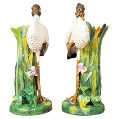Pair Of Large English Majolica Stork Vases