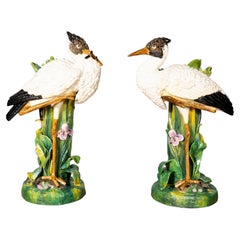 Pair Of Large English Majolica Stork Vases