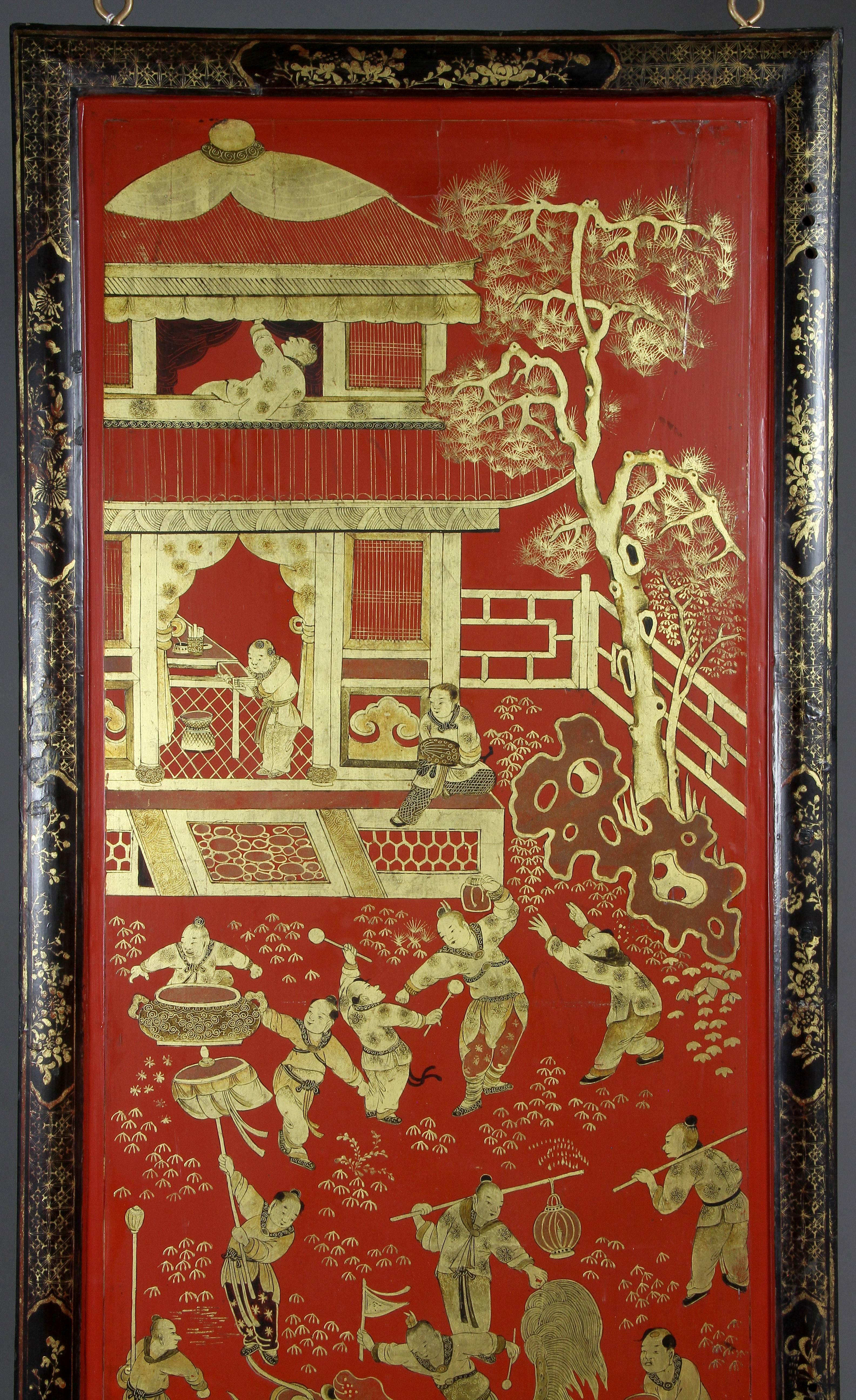 Three Chinese Export Red Lacquered Panels 5