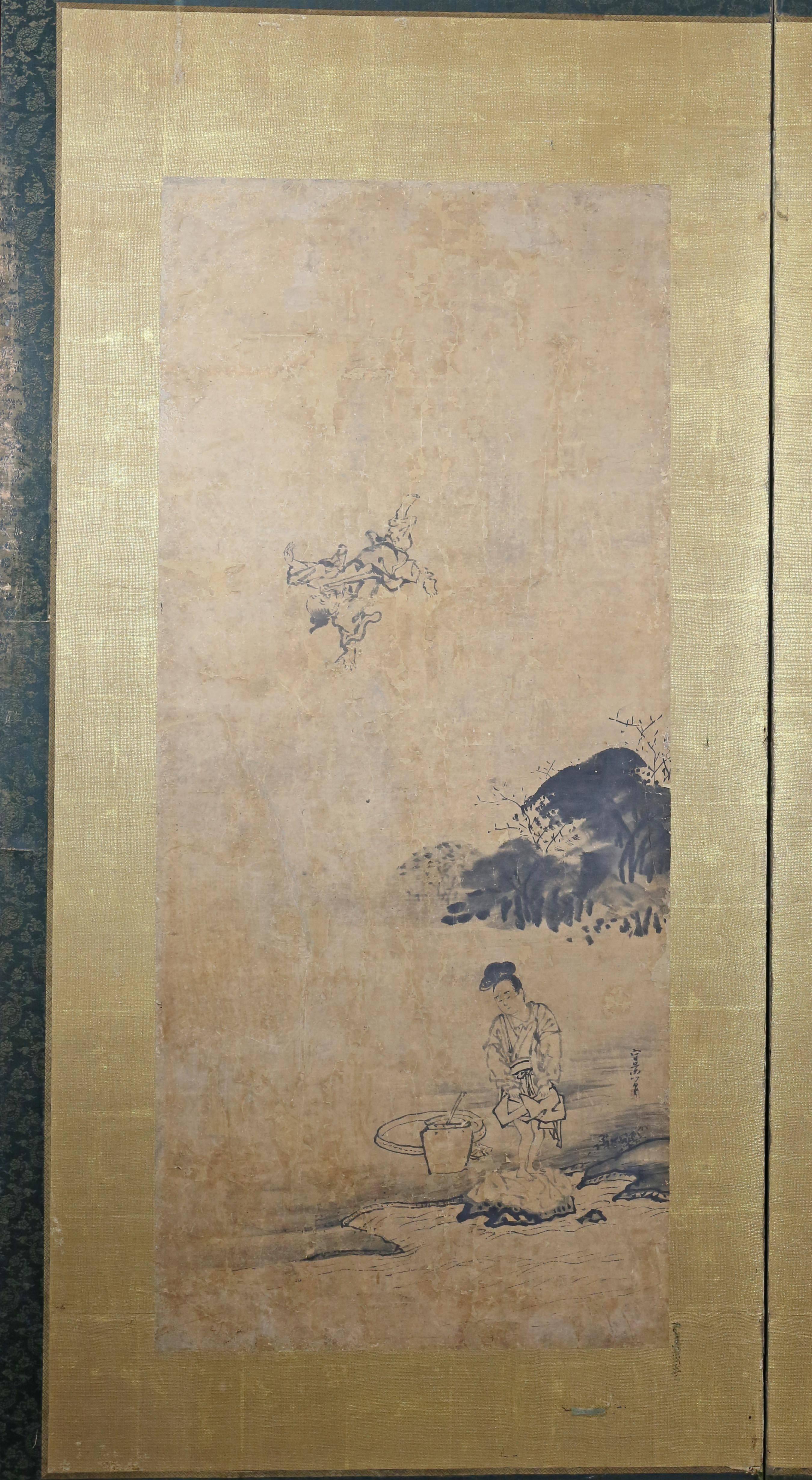 Framed Japanese Kano School Two Panel Screen Signed Kusumi Morikage In Good Condition In Essex, MA