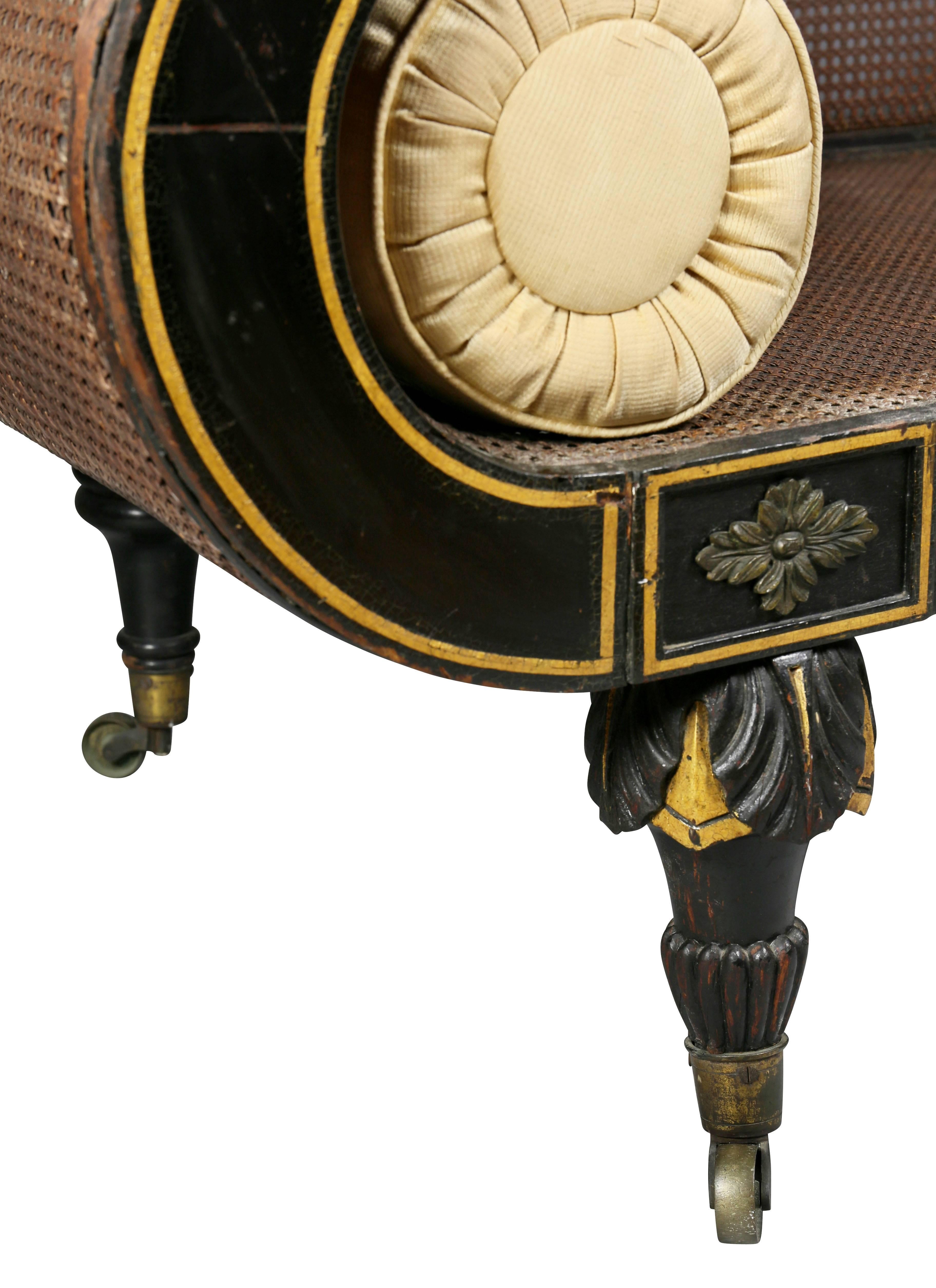 19th Century Regency Ebonized, Gilded and Brass Inlaid Recamier