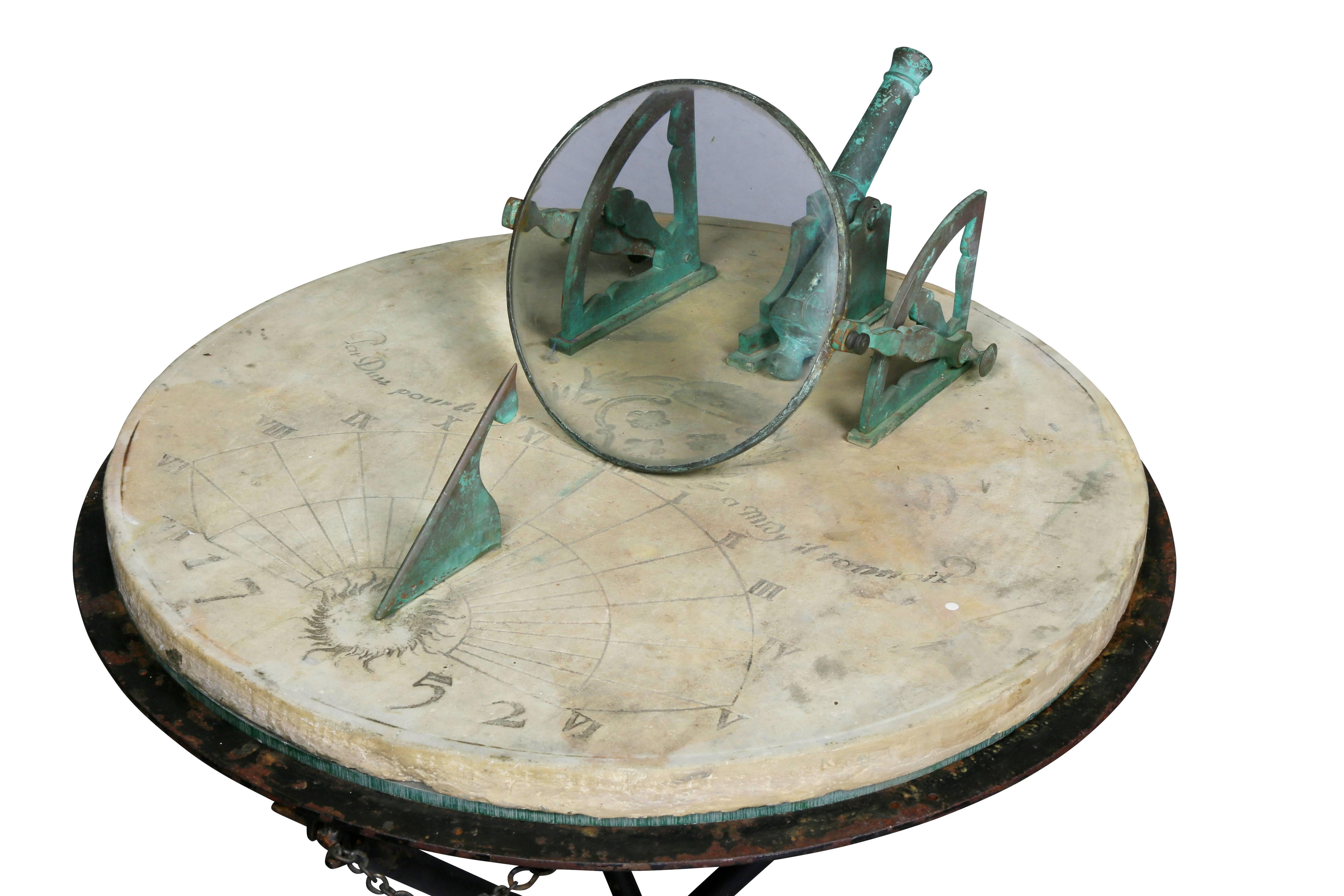 French Bronze and Marble Cannon Sundial In Distressed Condition In Essex, MA