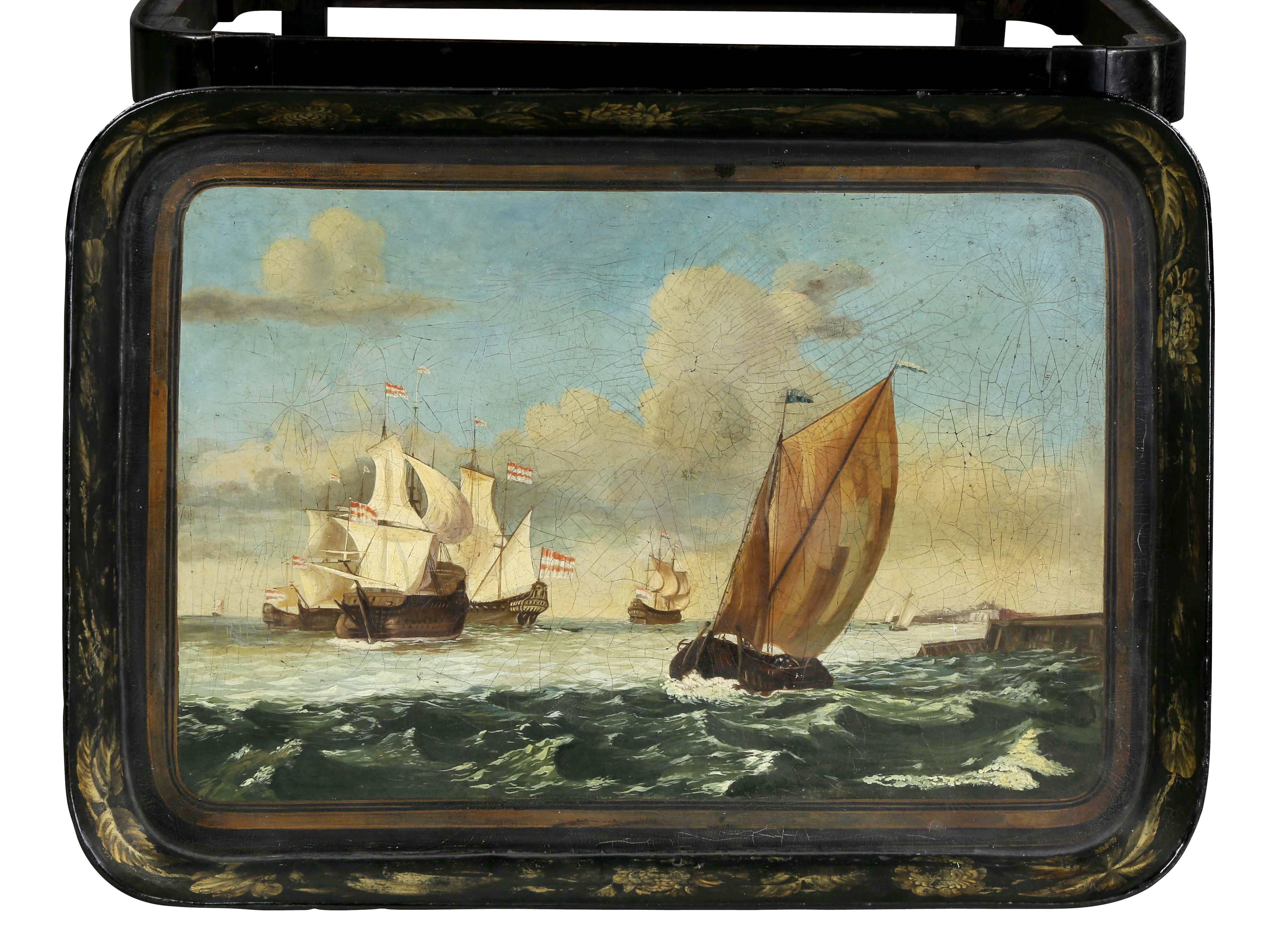 Regency Papier Mache Tray Table with Nautical Scene In Good Condition In Essex, MA
