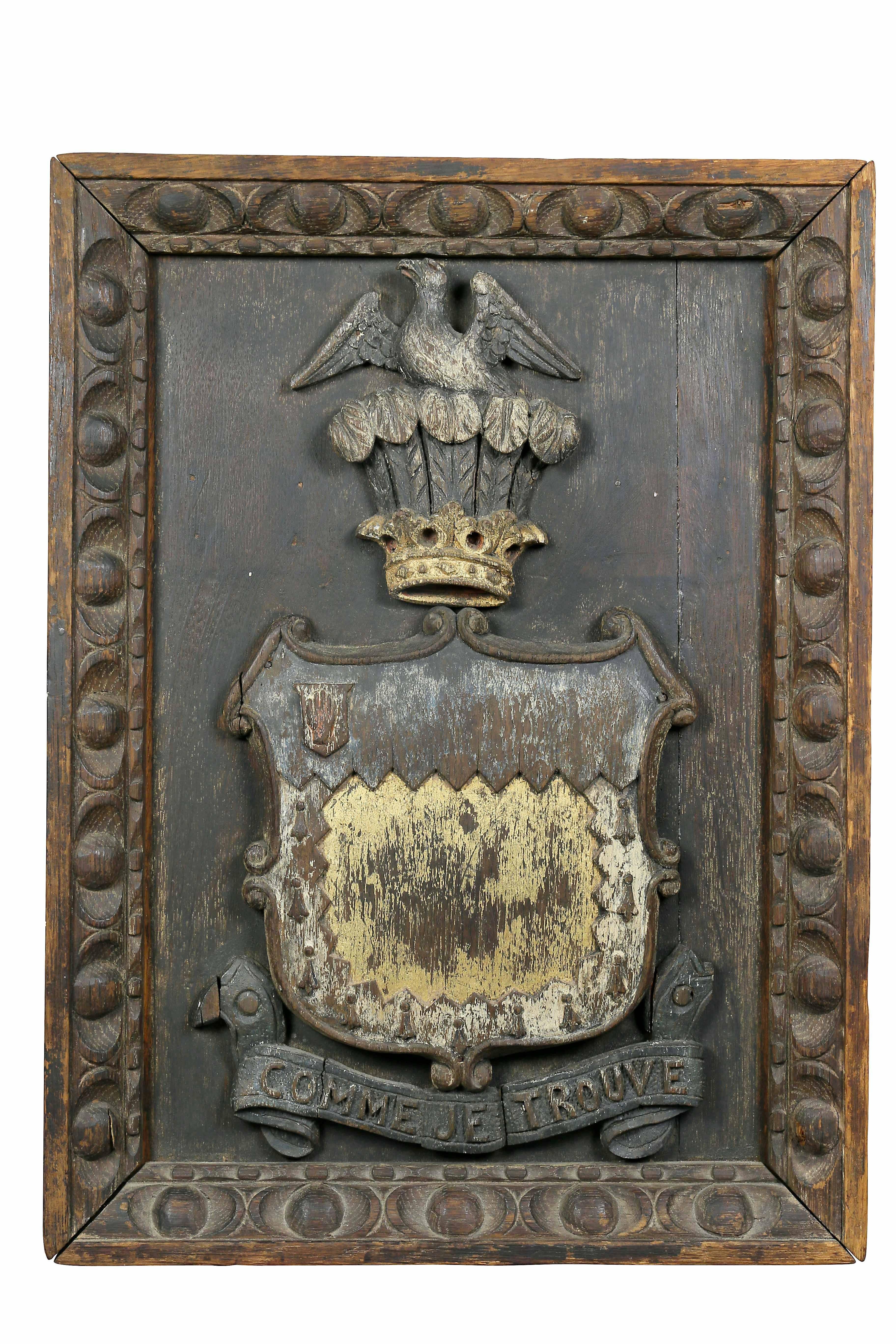 19th Century Two European Carved and Painted Oak Coats of Arms