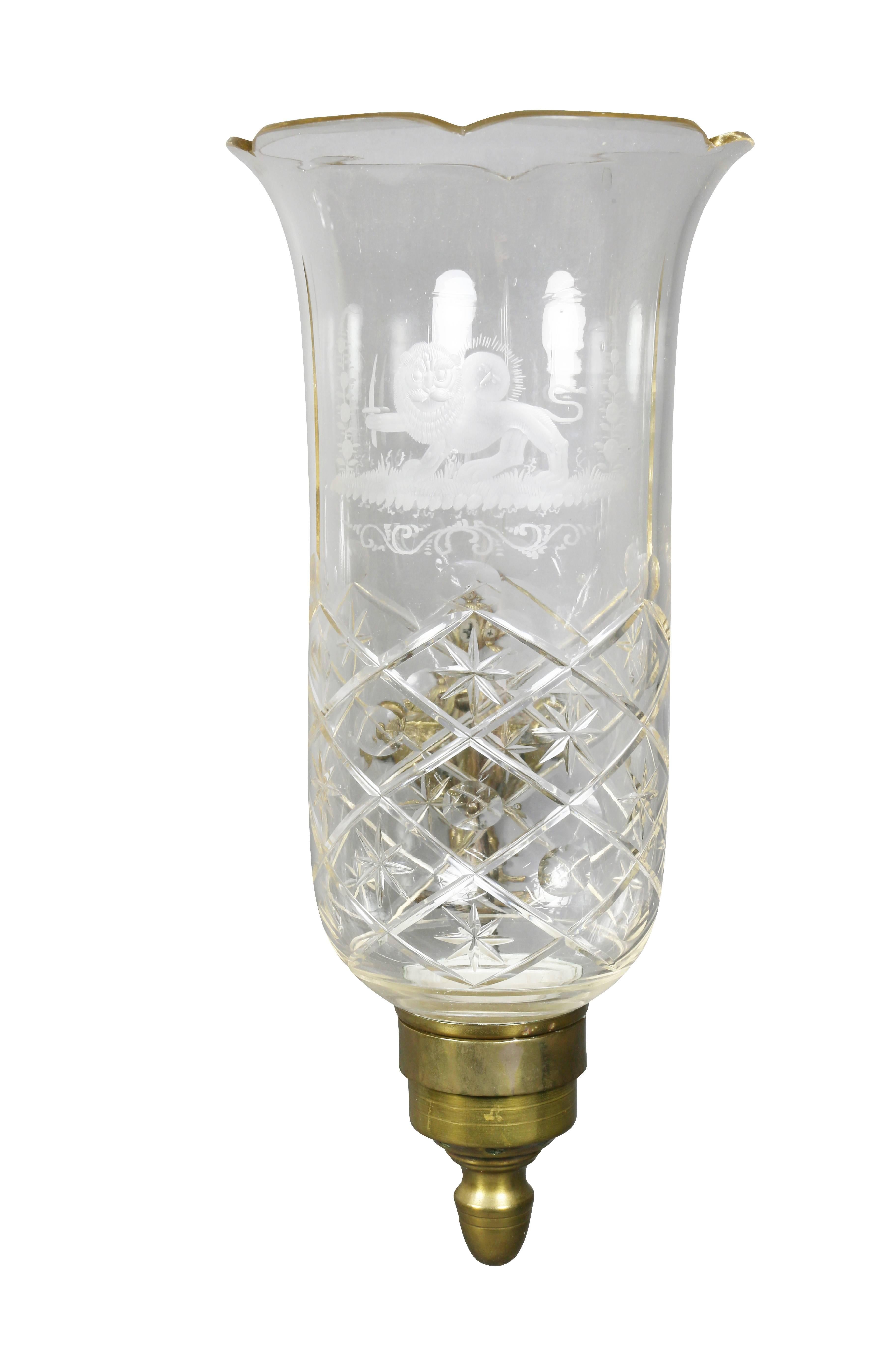 Great Britain (UK) Pair of Regency Brass, Etched and Cut-Glass Hurricane Wall Sconces
