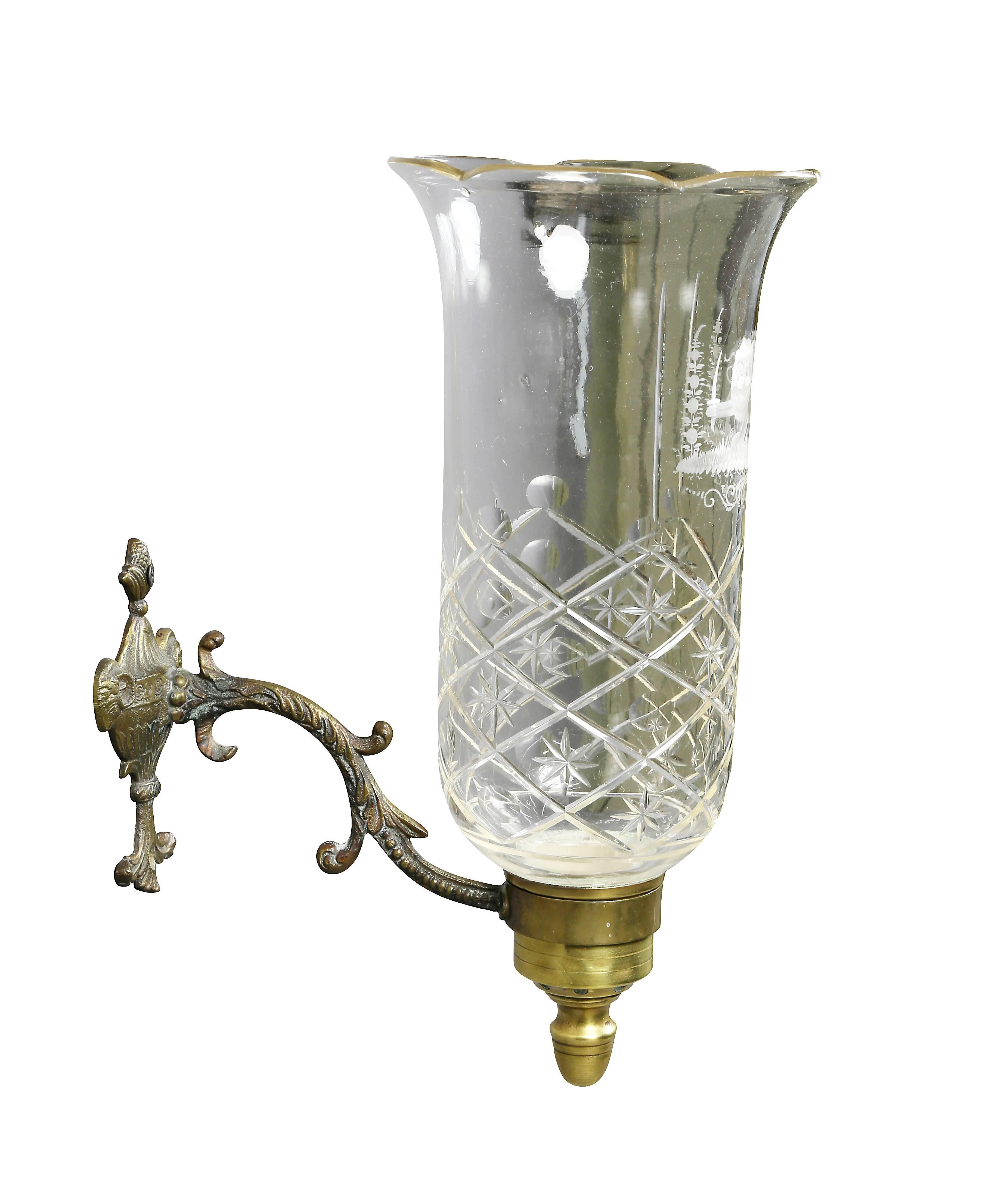 Early 19th Century Pair of Regency Brass, Etched and Cut-Glass Hurricane Wall Sconces